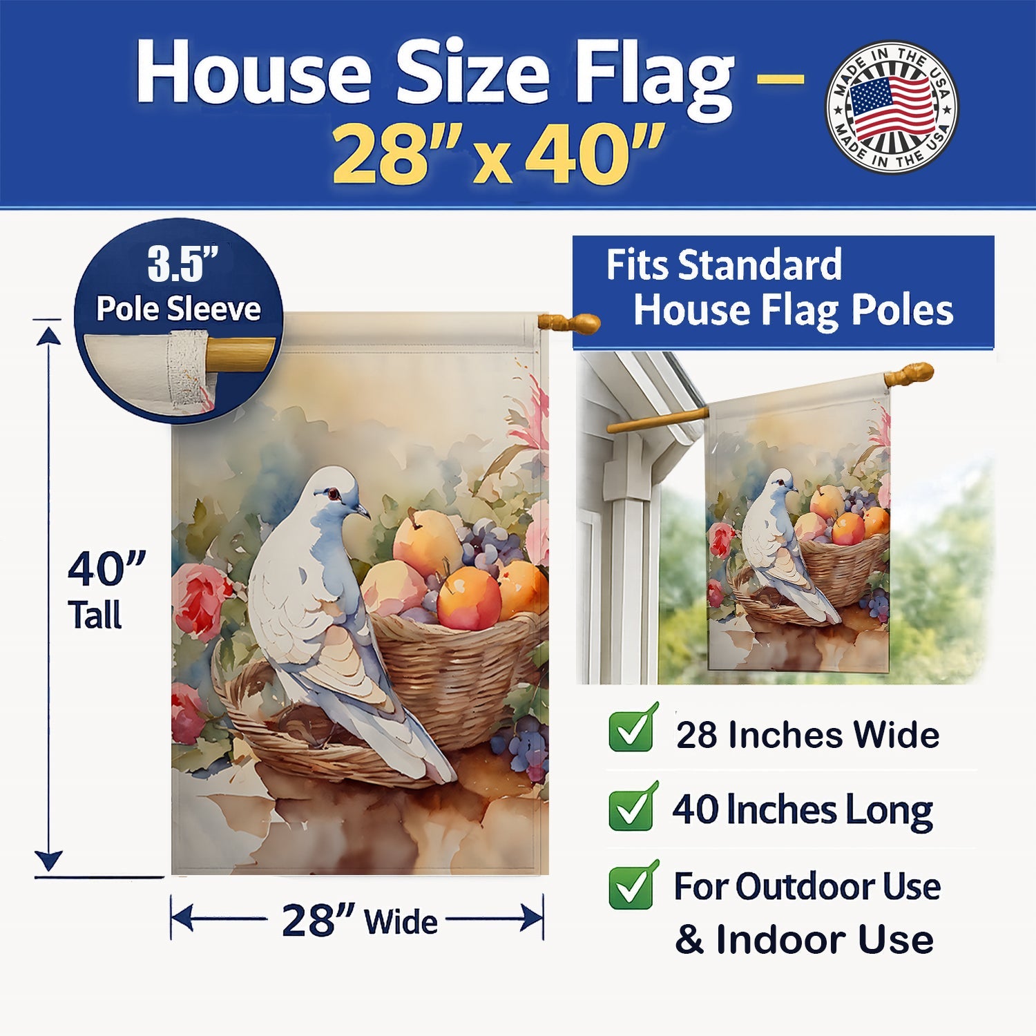 White Dove with Fruit Basket Still Life House Flag 28x40 Porch Sleeve Pole Decorative Outside Yard Banner Artwork Wall Hanging, Polyester