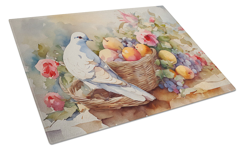 White Dove with Fruit Basket Still Life Cutting Board Tempered Glass Kitchen Cutting Surface, Heat Resistant Chopping, Non-Slip Feet, Food Prep & Serving
