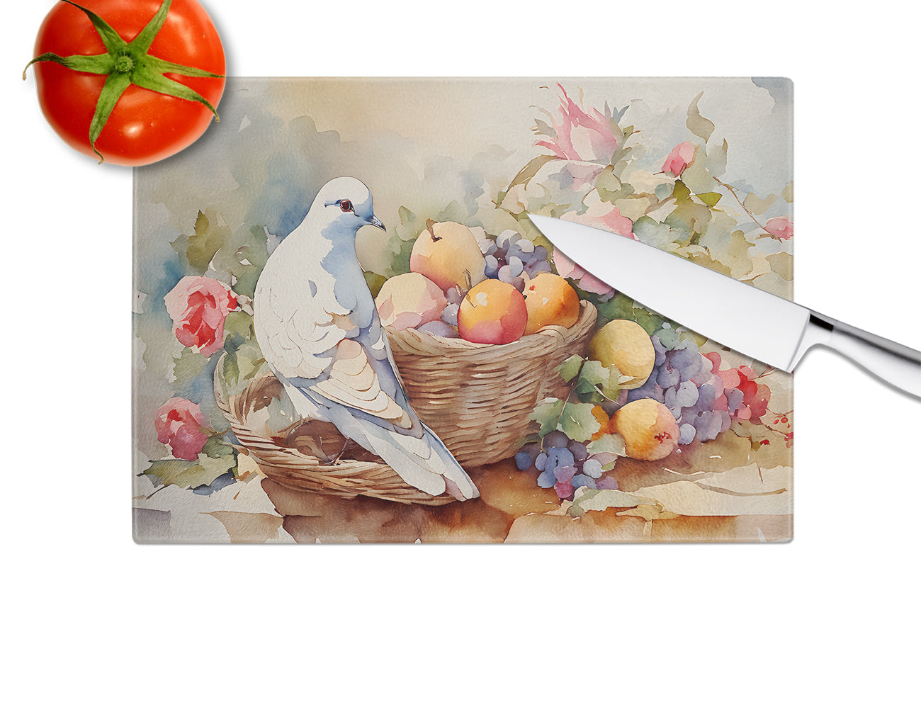 White Dove with Fruit Basket Still Life Cutting Board Tempered Glass Kitchen Cutting Surface, Heat Resistant Chopping, Non-Slip Feet, Food Prep & Serving