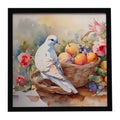 White Dove with Fruit Basket Still Life Framed Metal Print Bathroom, Kitchen, Office, Home Decor Wall Art Ready to Hang, Square, 8X8