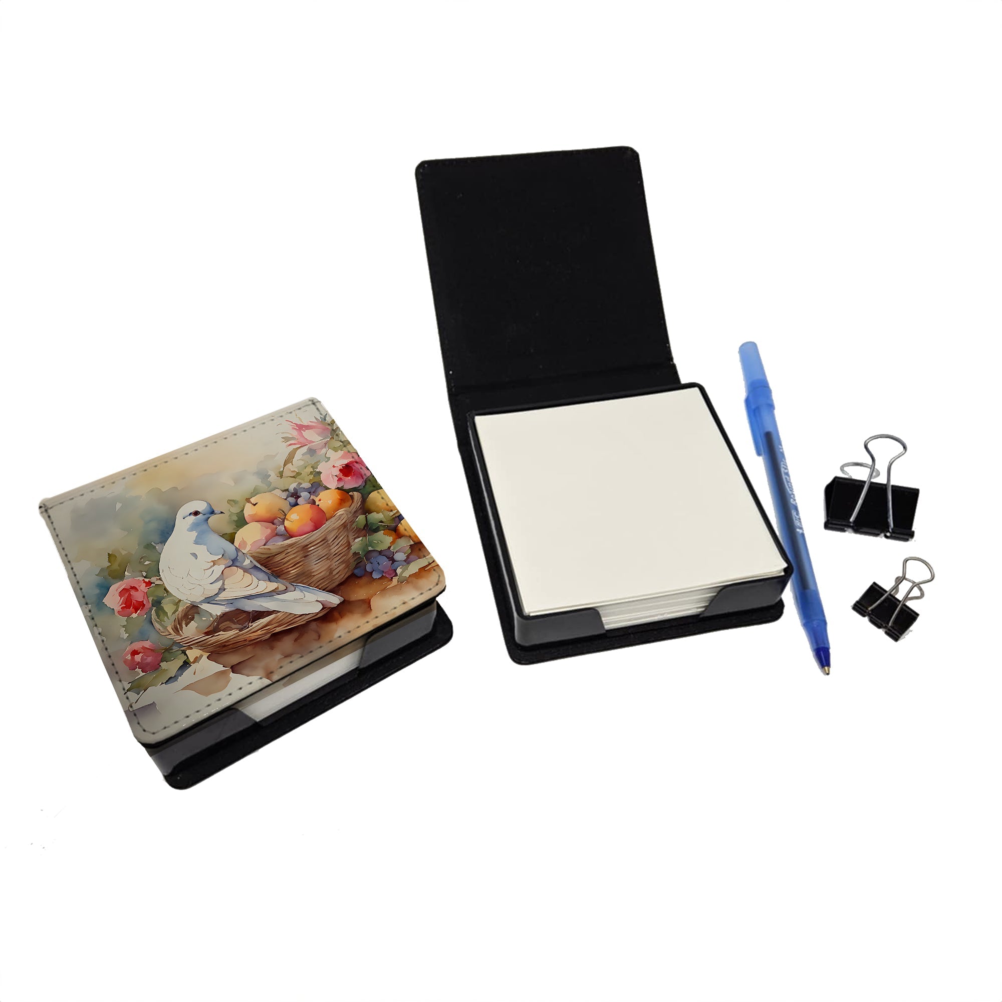 White Dove with Fruit Basket Still Life PU Leather Note Paper Holder with Artist-Designed Cover, Desk Accessory, Office Gift