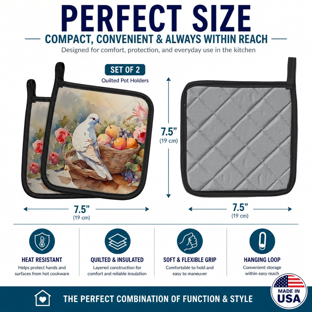 White Dove with Fruit Basket Still Life Pot Holder Set of 2 Heat Resistant Quilted Hot Pads 7.5 x 7.5 Inch, Insulated Kitchen Trivets for Cooking & Baking