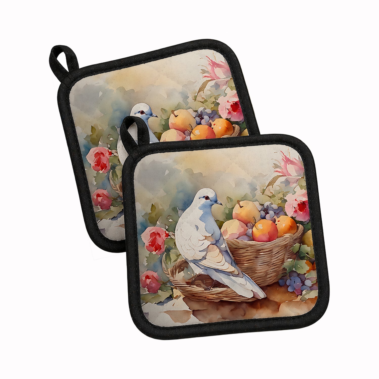 White Dove with Fruit Basket Still Life Pot Holder Set of 2 Heat Resistant Quilted Hot Pads 7.5 x 7.5 Inch, Insulated Kitchen Trivets for Cooking & Baking