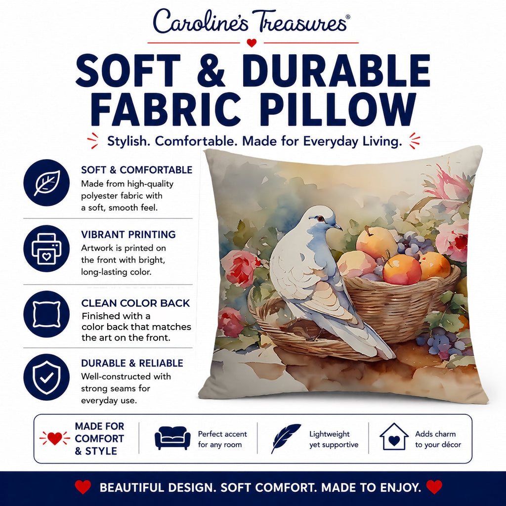 White Dove with Fruit Basket Still Life Decorative Throw Pillow 14x14 Indoor Outdoor Accent Cushion, Fabric Cover with Insert for Sofa, Bed, Porch & Living Room