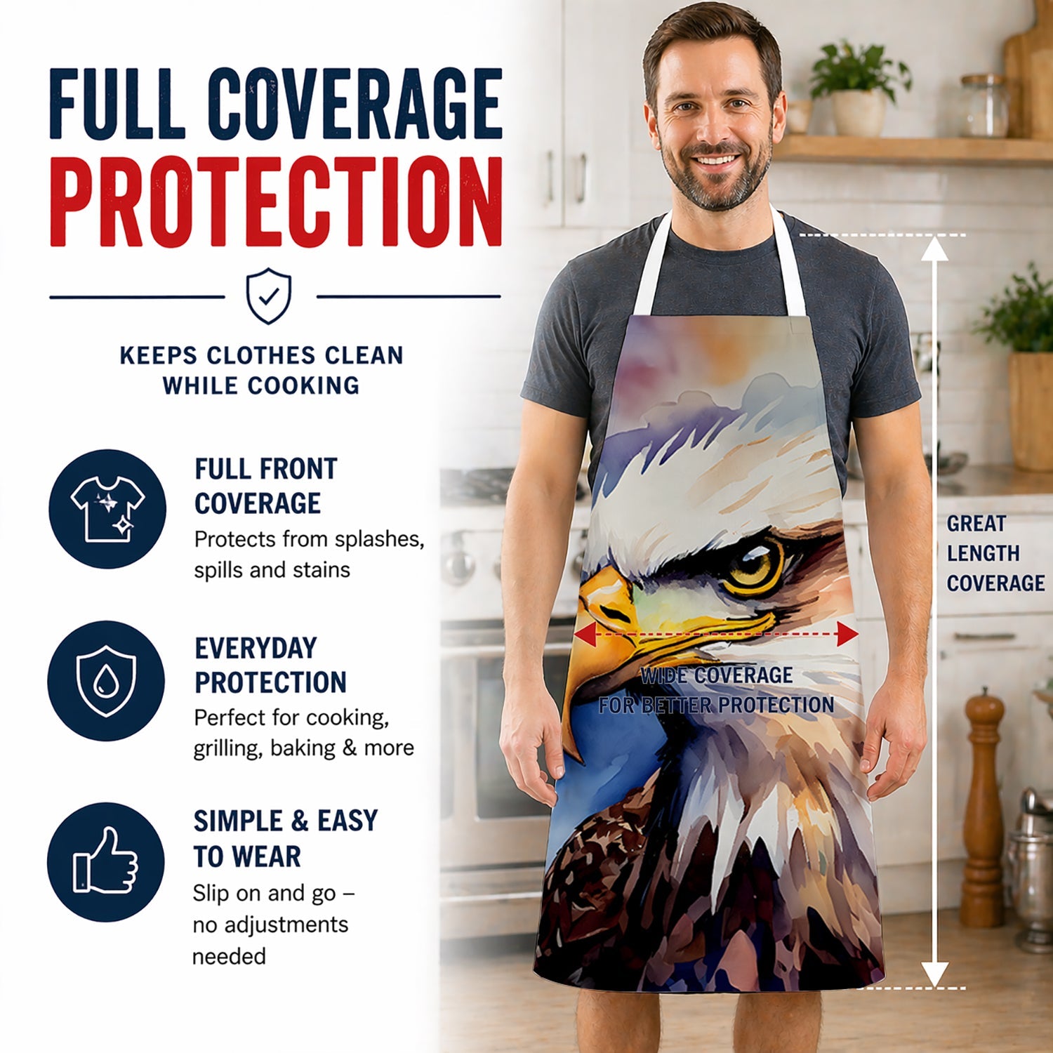 Bald Eagle Portrait Close-Up Apron Cooking Kitchen Server Baking Crafts Gardening for Adult Women Men, Unisex, Large, Multicolor