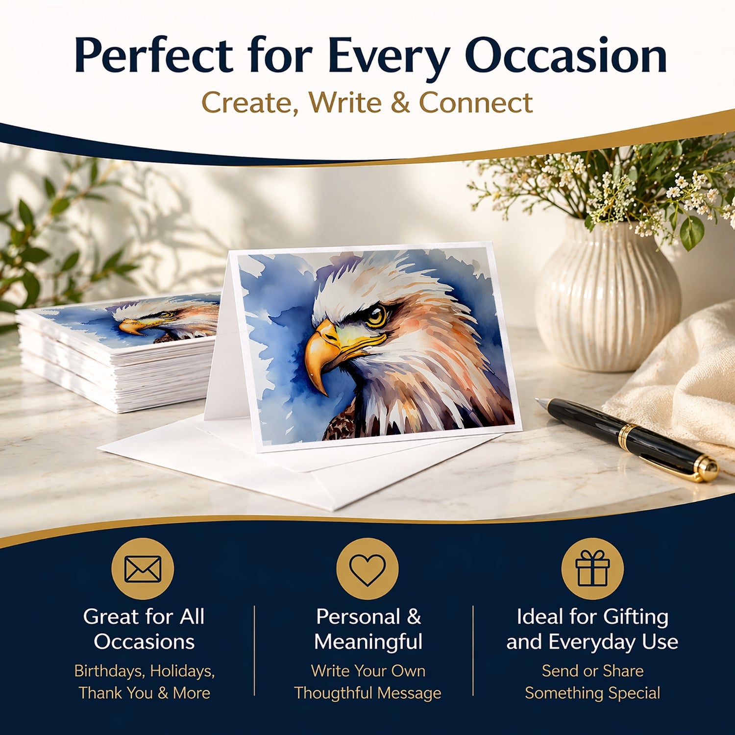 Bald Eagle Portrait Close-Up Greeting Cards Pack of 8 Blank Cards with Envelopes Whimsical A7 Size 5x7