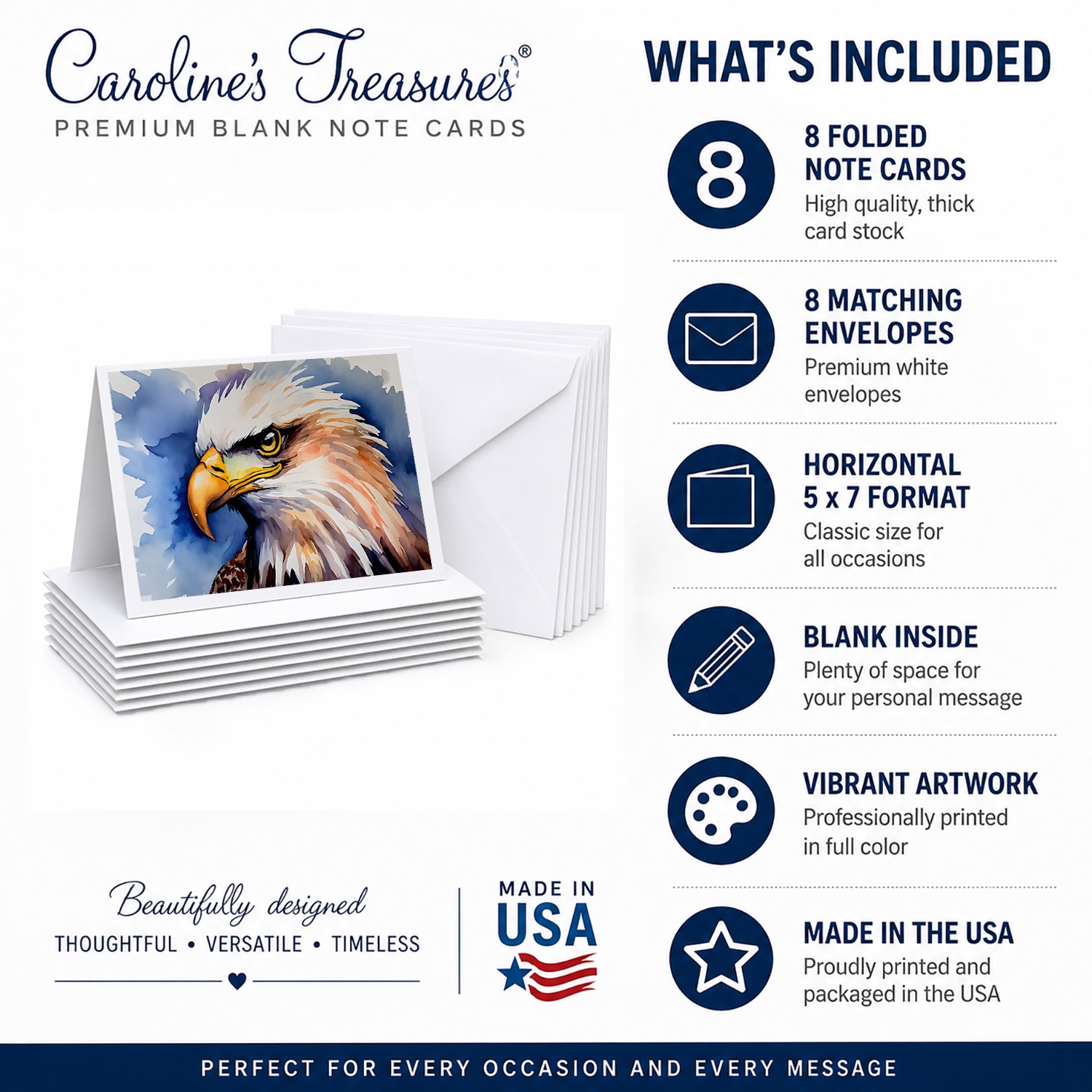 Bald Eagle Portrait Close-Up Greeting Cards Pack of 8 Blank Cards with Envelopes Whimsical A7 Size 5x7