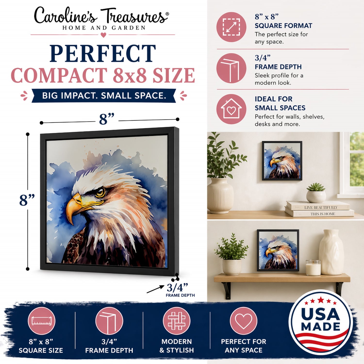 Bald Eagle Portrait Close-Up Framed Metal Print Bathroom, Kitchen, Office, Home Decor Wall Art Ready to Hang, Square, 8X8