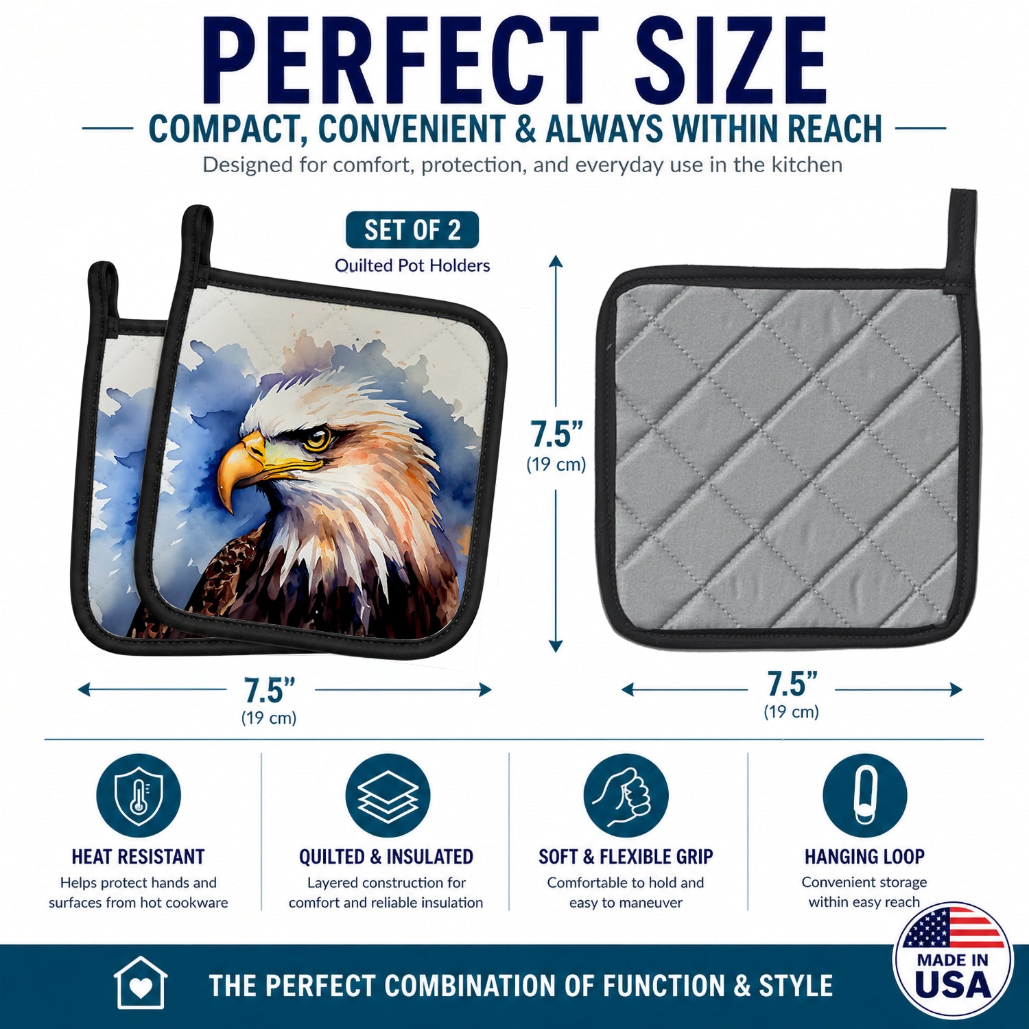 Bald Eagle Portrait Close-Up Pot Holder Set of 2 Heat Resistant Quilted Hot Pads 7.5 x 7.5 Inch, Insulated Kitchen Trivets for Cooking & Baking