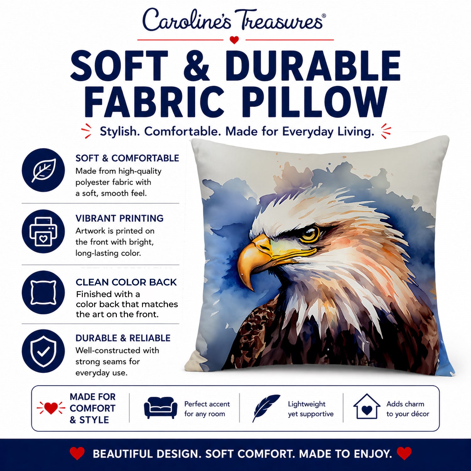 Bald Eagle Portrait Close-Up Decorative Throw Pillow 14x14 Indoor Outdoor Accent Cushion, Fabric Cover with Insert for Sofa, Bed, Porch & Living Room