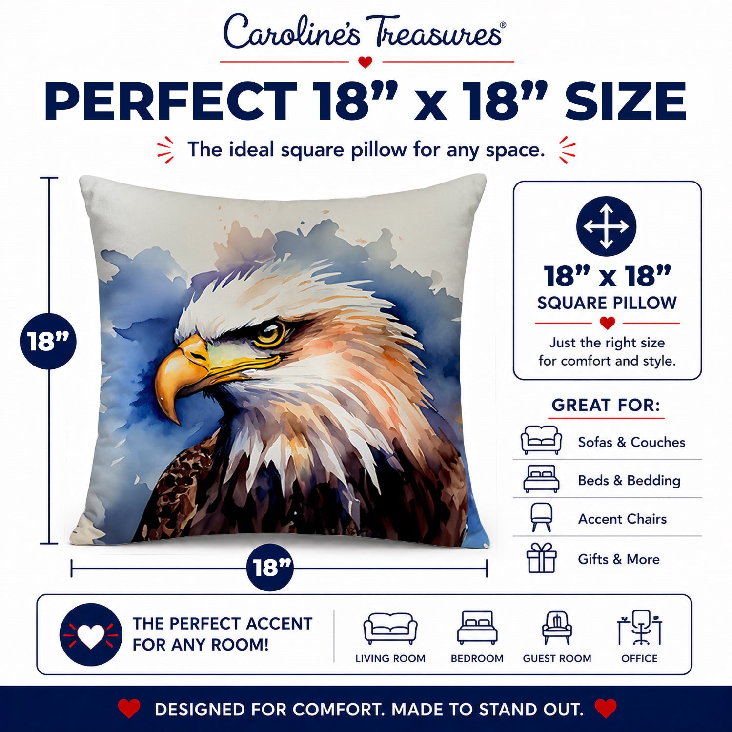 Bald Eagle Portrait Close-Up Decorative Throw Pillow 18x18 Indoor Outdoor Accent Cushion, Fabric Cover with Insert for Sofa, Bed, Porch & Living Room