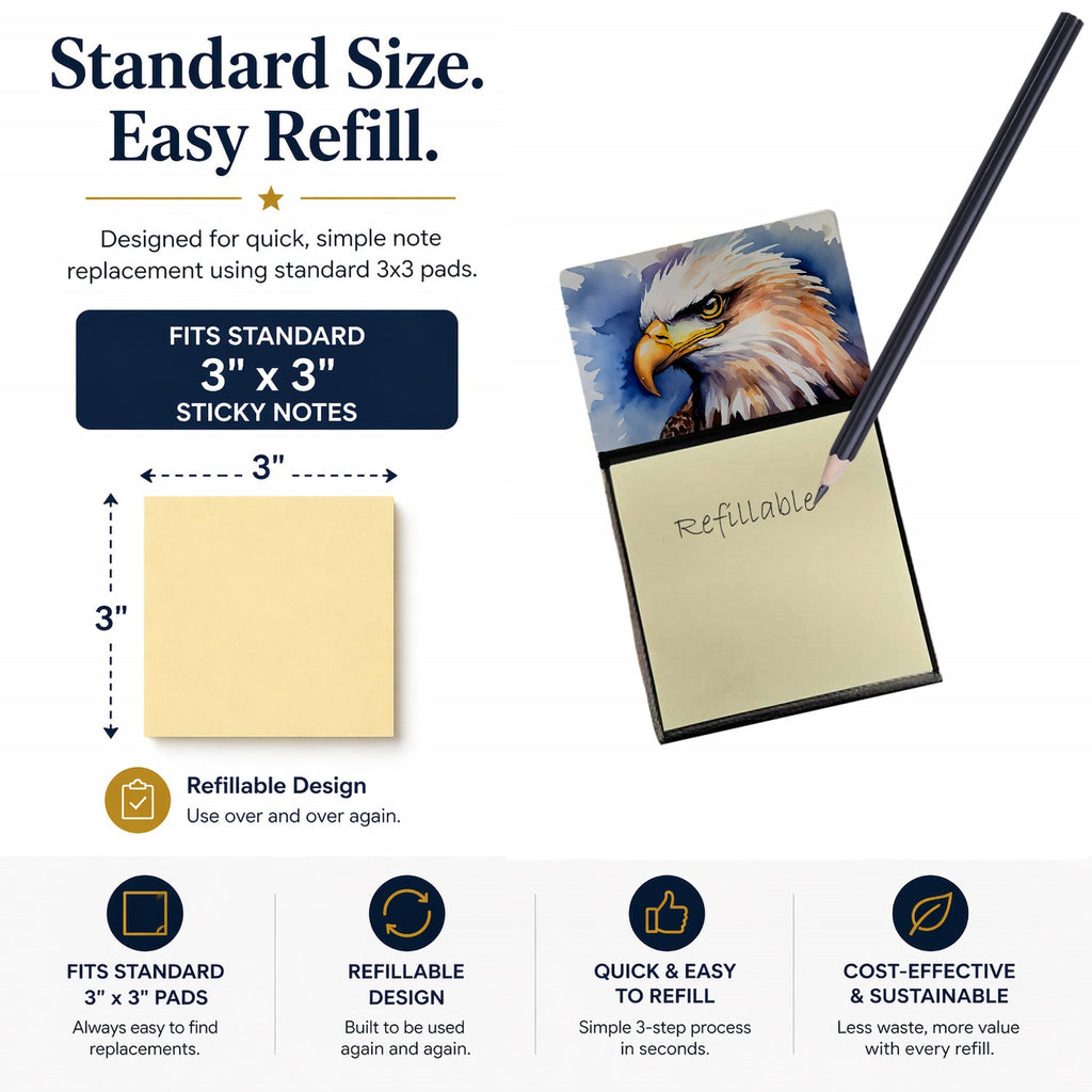 Bald Eagle Portrait Close-Up Watercolor Sticky Note Holder Refillable Dispenser Desk Accessory 3x3 Pad Gift