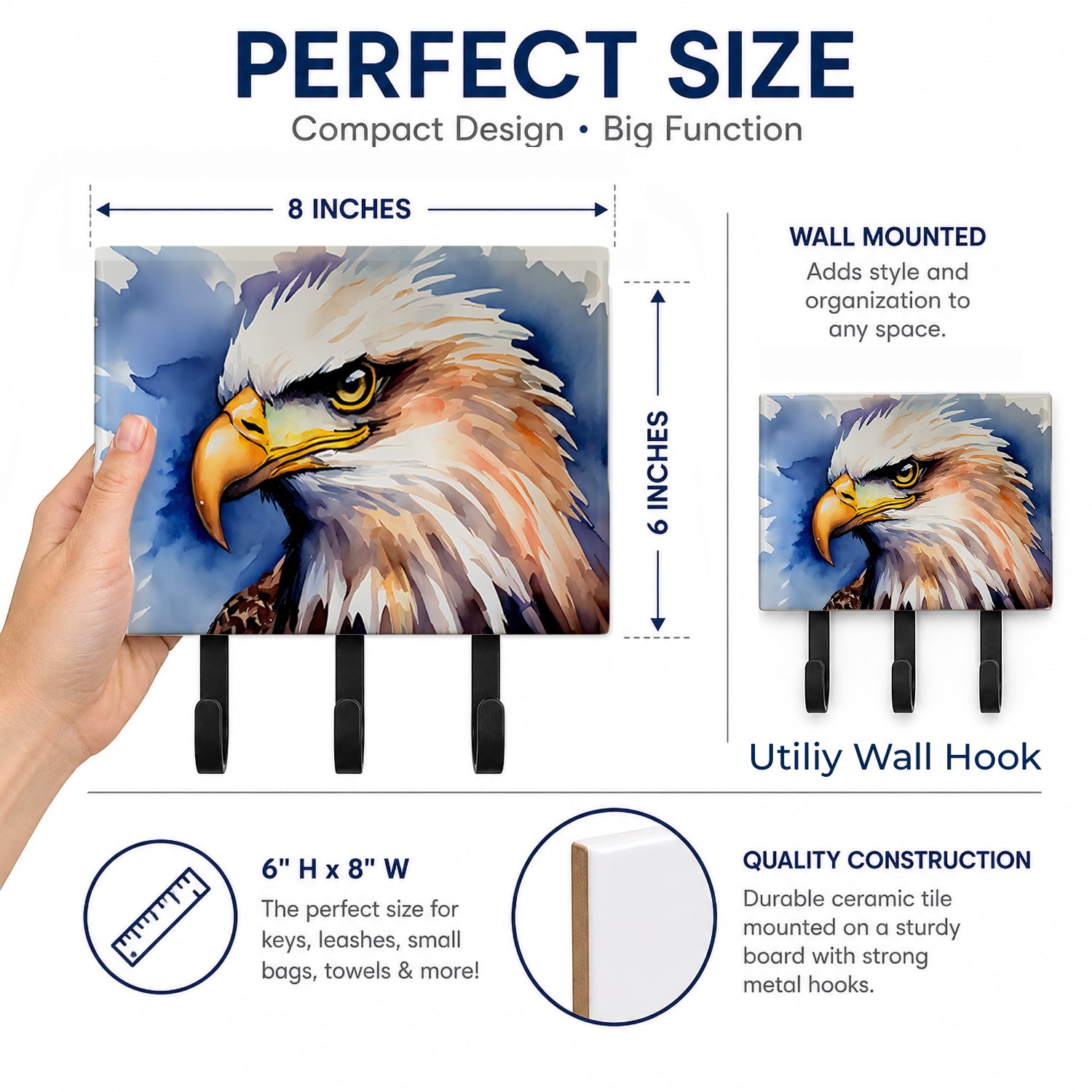 Bald Eagle Portrait Close-Up Leash or Key Holder Wall Hooks, Coat Rack Wall Mount, for Hanging Keys, Towels, Aprons, Leashes