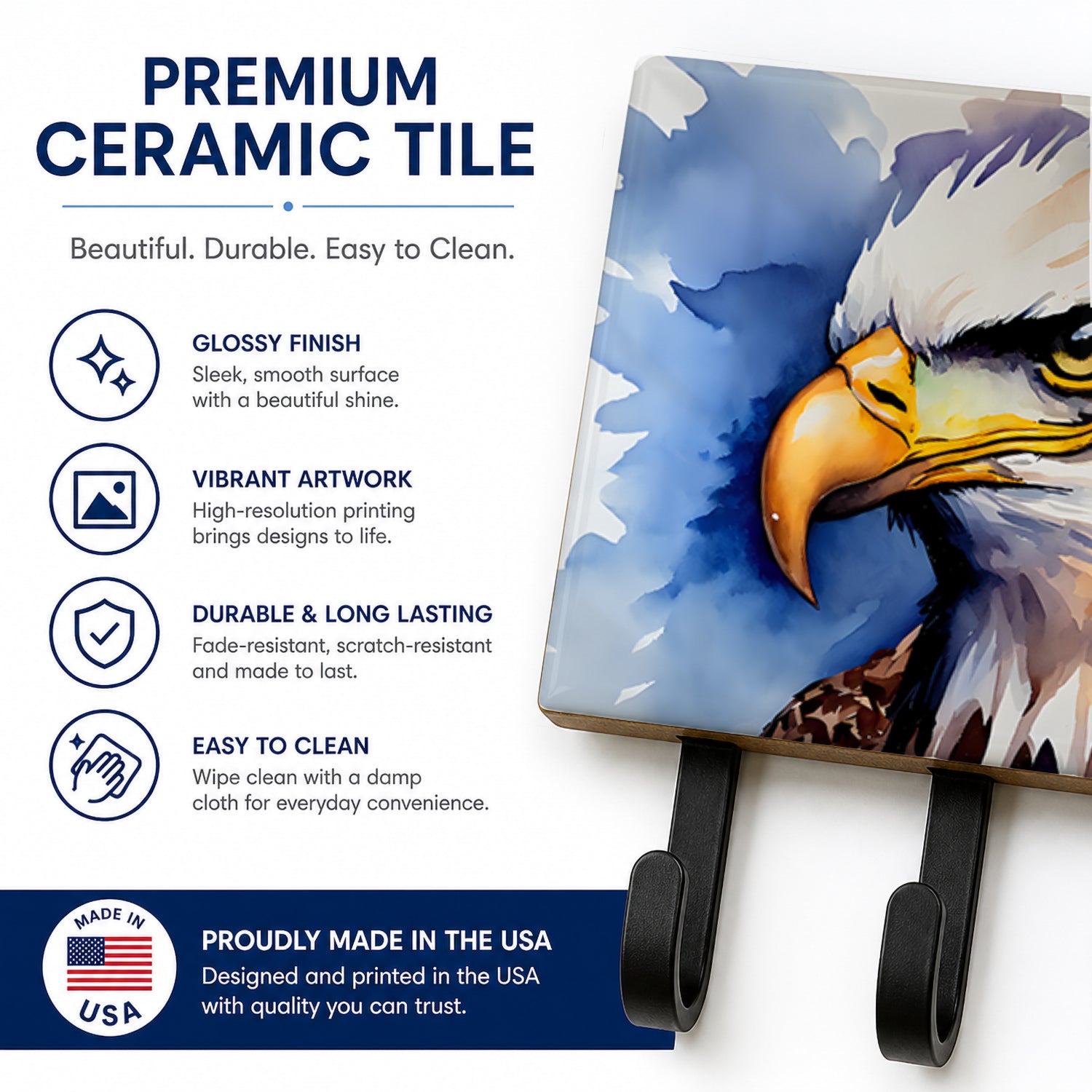 Bald Eagle Portrait Close-Up Leash or Key Holder Wall Hooks, Coat Rack Wall Mount, for Hanging Keys, Towels, Aprons, Leashes
