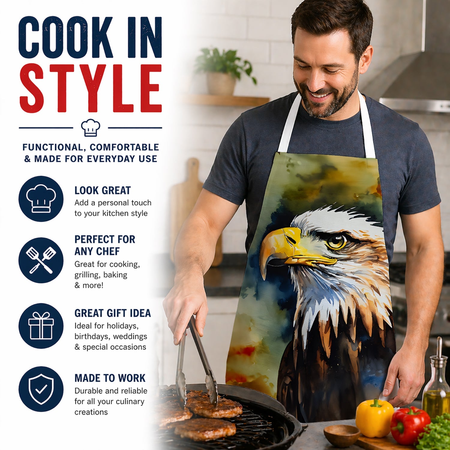 Bald Eagle Portrait Wildlife Apron Cooking Kitchen Server Baking Crafts Gardening for Adult Women Men, Unisex, Large, Multicolor