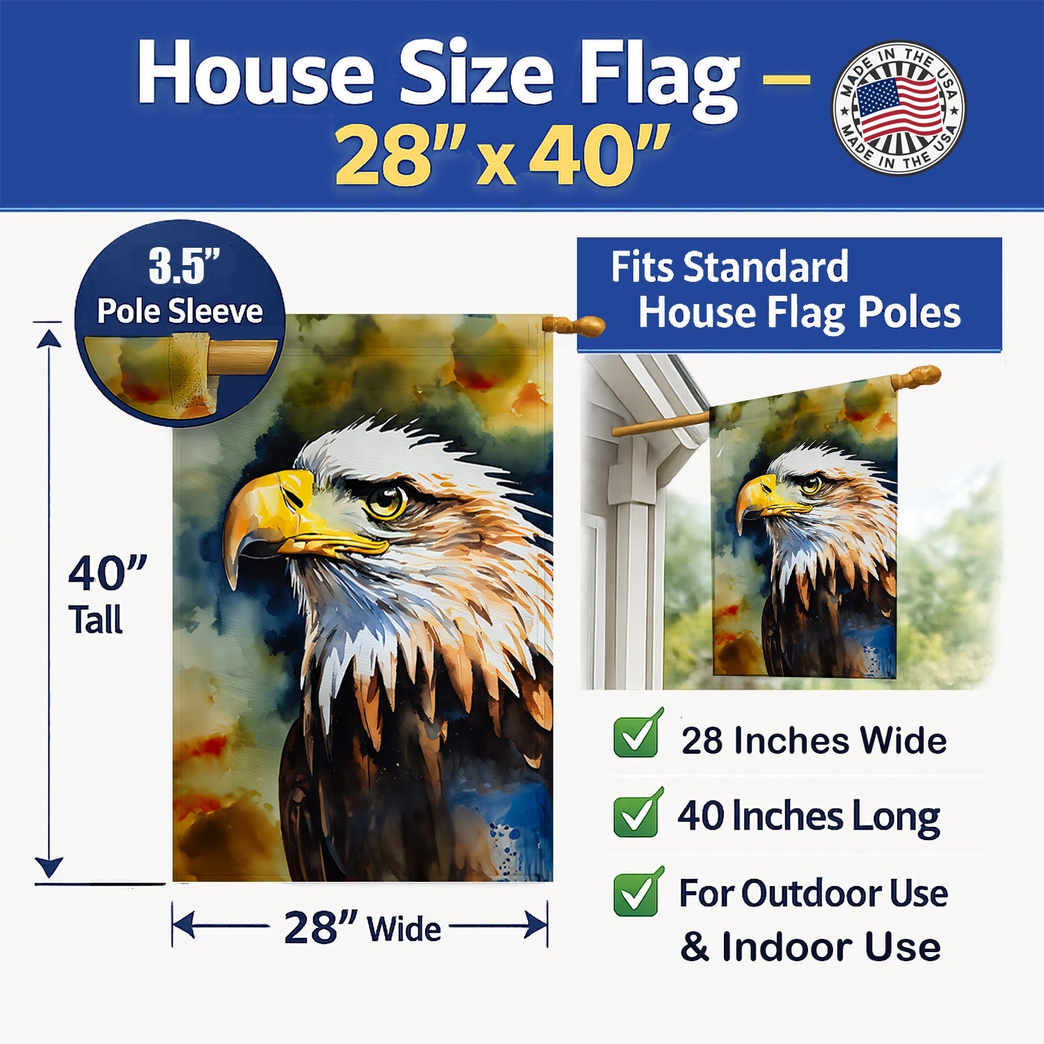 Bald Eagle Portrait Wildlife House Flag 28x40 Porch Sleeve Pole Decorative Outside Yard Banner Artwork Wall Hanging, Polyester