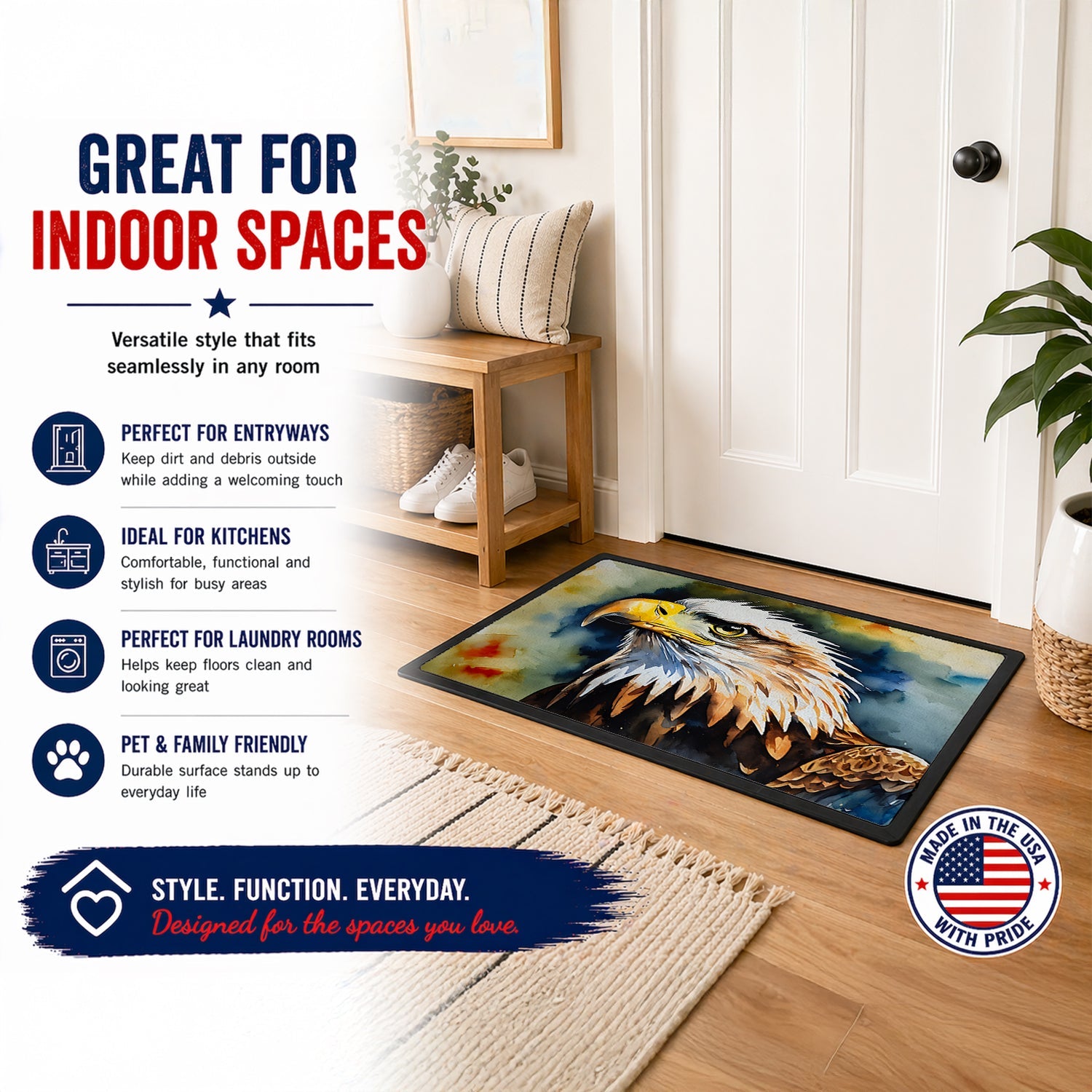 Bald Eagle Portrait Wildlife Doormat Indoor Outdoor 18H X 27W Front Door Mat Rugs for Entryway, Non Slip Washable