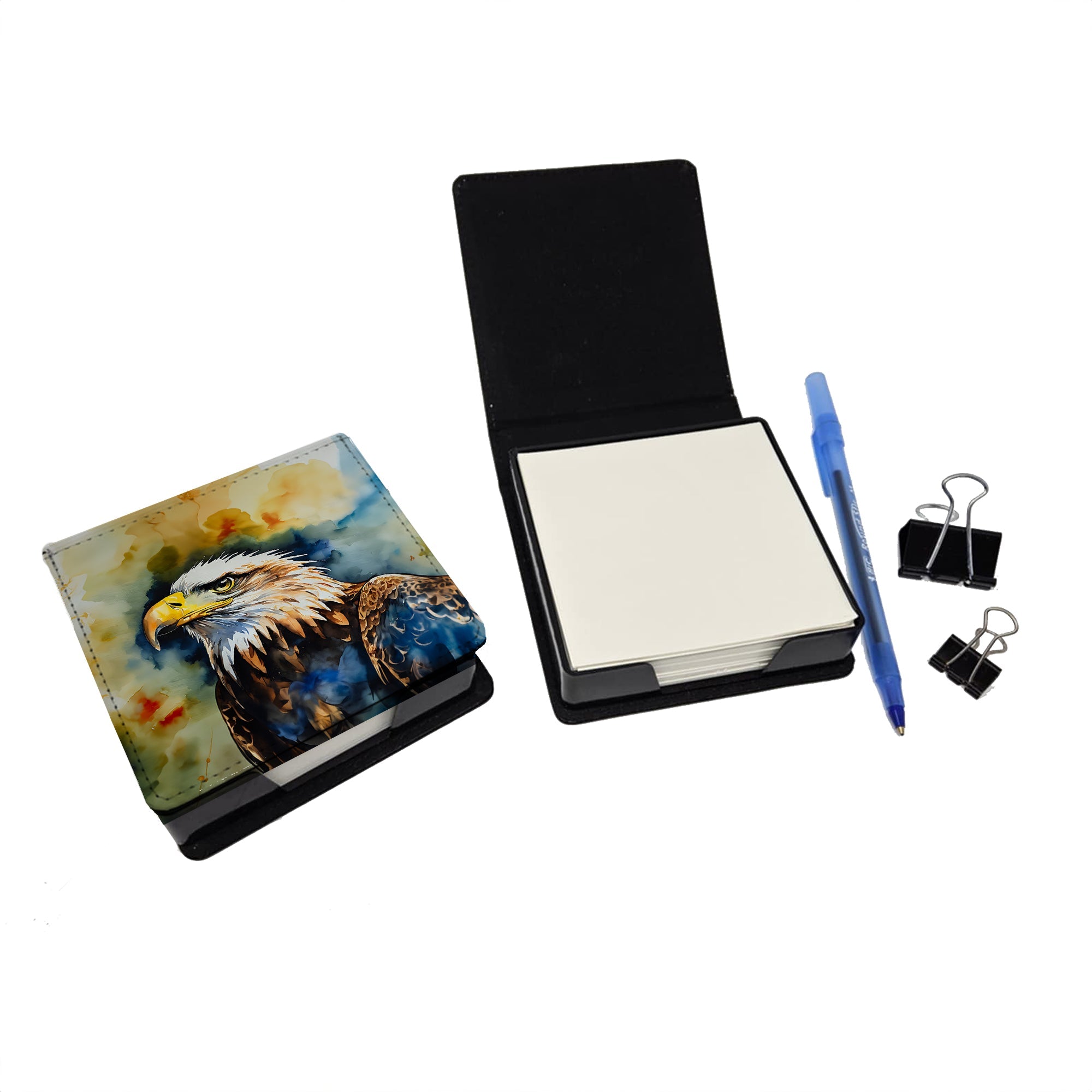 Bald Eagle Portrait Wildlife PU Leather Note Paper Holder with Artist-Designed Cover, Desk Accessory, Office Gift