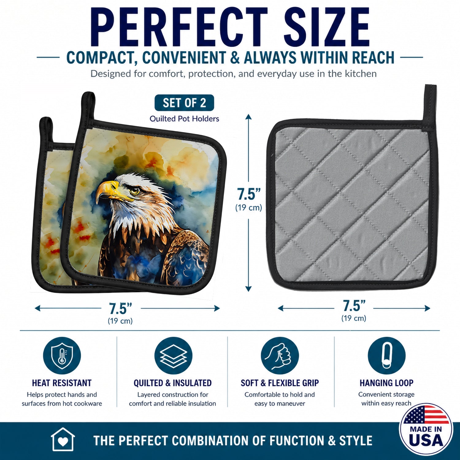 Bald Eagle Portrait Wildlife Pot Holder Set of 2 Heat Resistant Quilted Hot Pads 7.5 x 7.5 Inch, Insulated Kitchen Trivets for Cooking & Baking