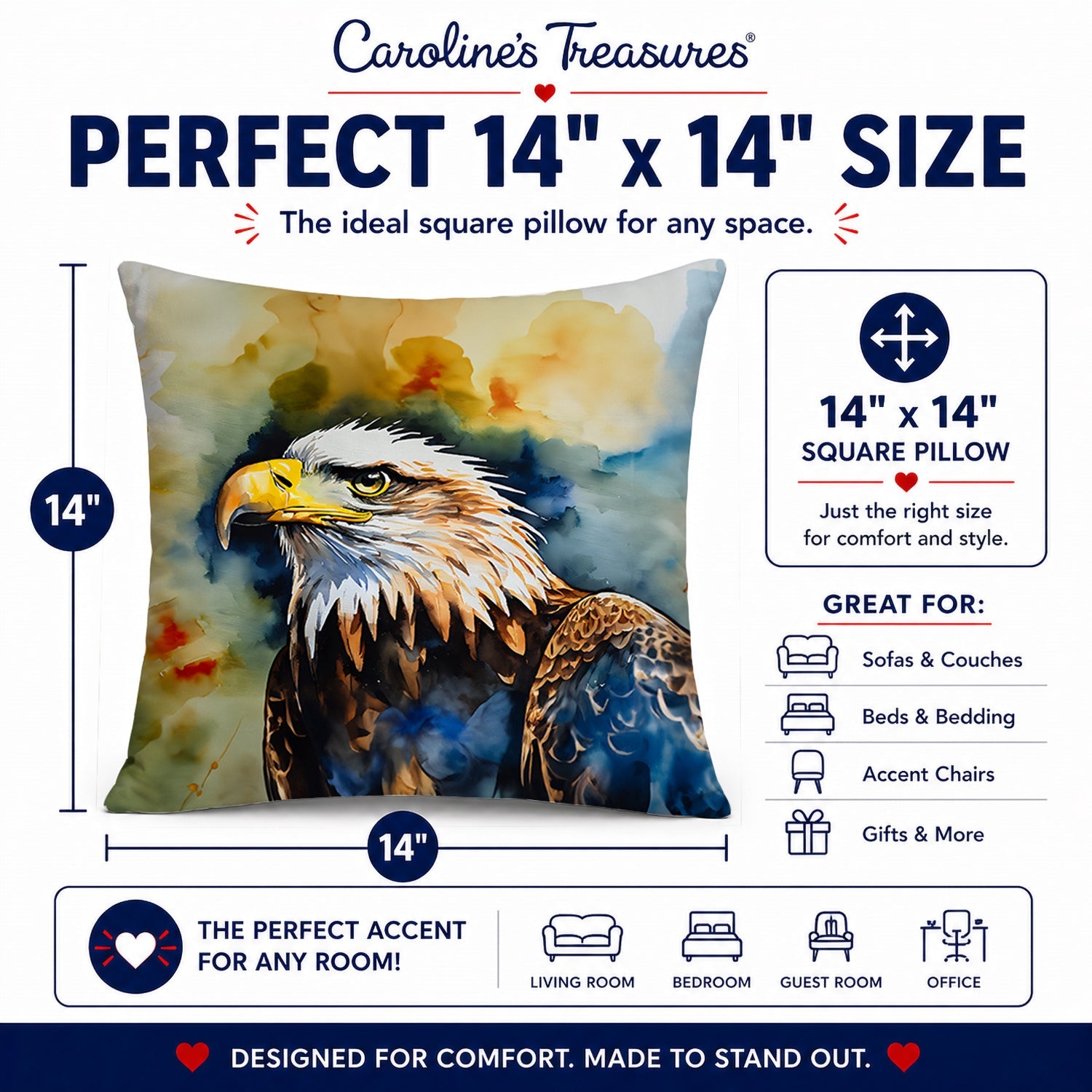 Bald Eagle Portrait Wildlife Decorative Throw Pillow 14x14 Indoor Outdoor Accent Cushion, Fabric Cover with Insert for Sofa, Bed, Porch & Living Room