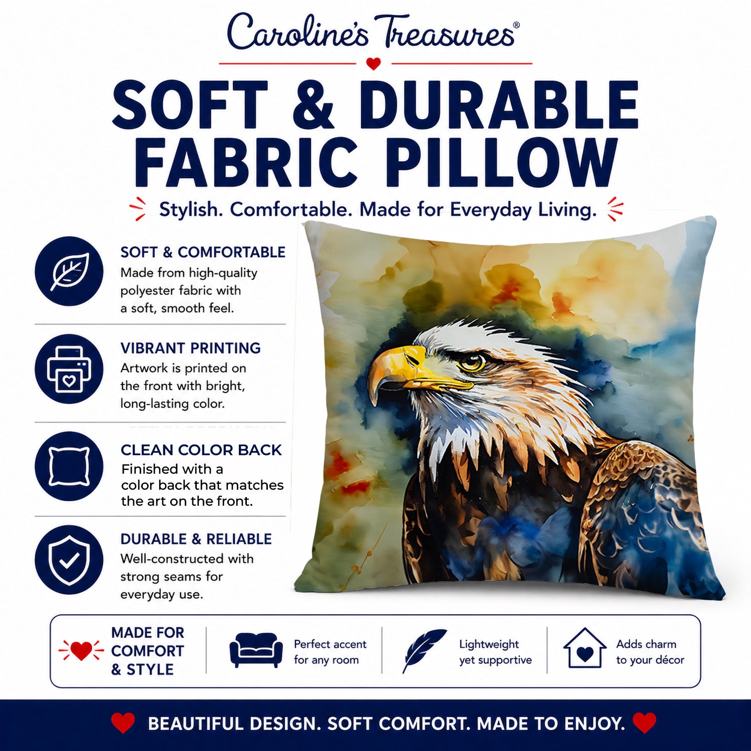 Bald Eagle Portrait Wildlife Decorative Throw Pillow 18x18 Indoor Outdoor Accent Cushion, Fabric Cover with Insert for Sofa, Bed, Porch & Living Room