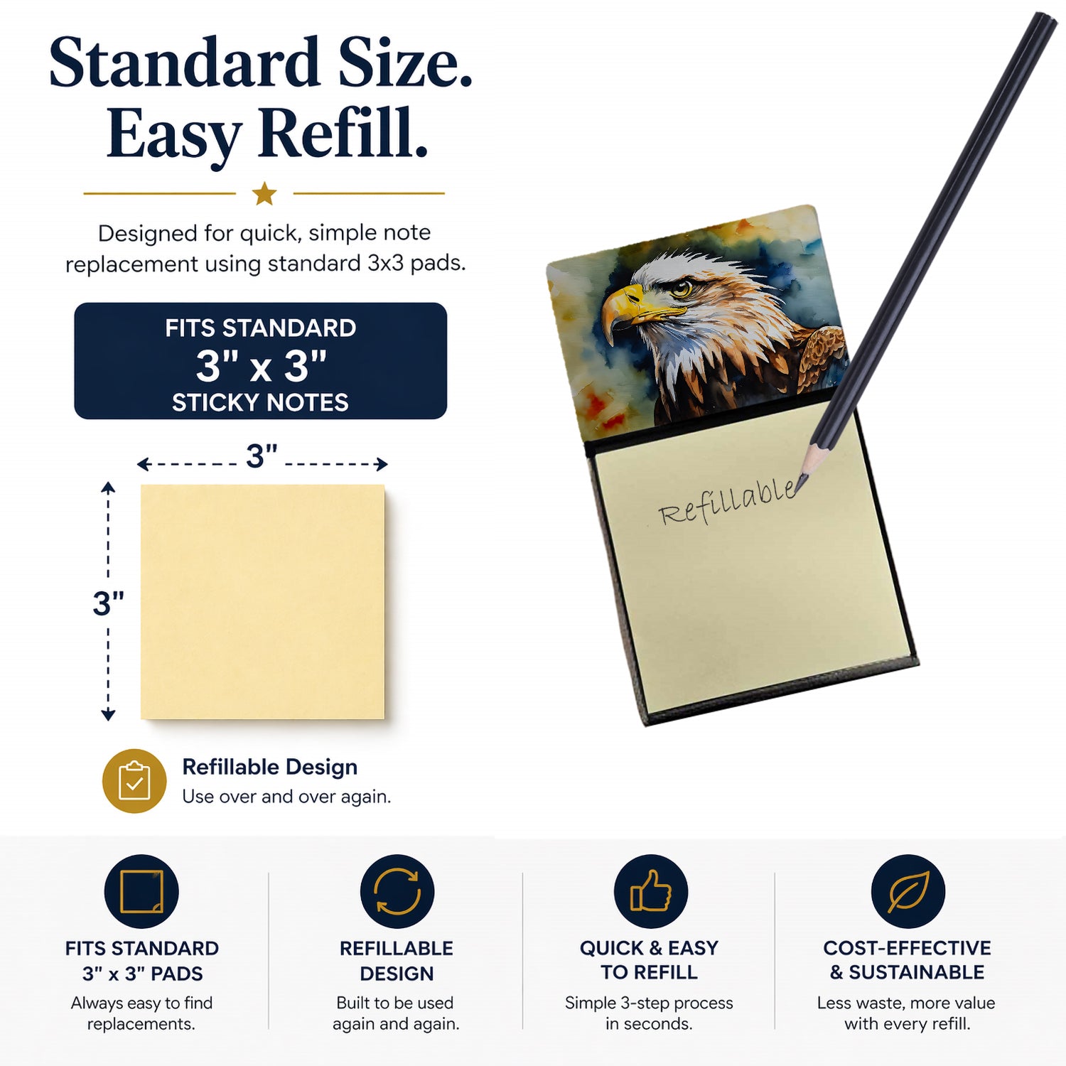 Bald Eagle Portrait Wildlife Watercolor Sticky Note Holder Refillable Dispenser Desk Accessory 3x3 Pad Gift