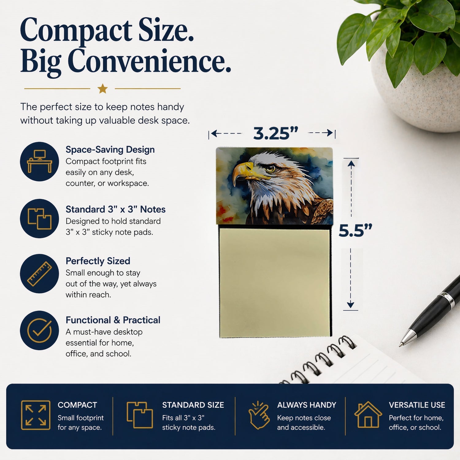 Bald Eagle Portrait Wildlife Watercolor Sticky Note Holder Refillable Dispenser Desk Accessory 3x3 Pad Gift
