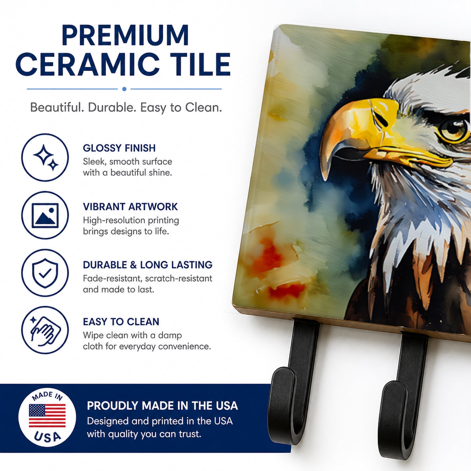 Bald Eagle Portrait Wildlife Leash or Key Holder Wall Hooks, Coat Rack Wall Mount, for Hanging Keys, Towels, Aprons, Leashes