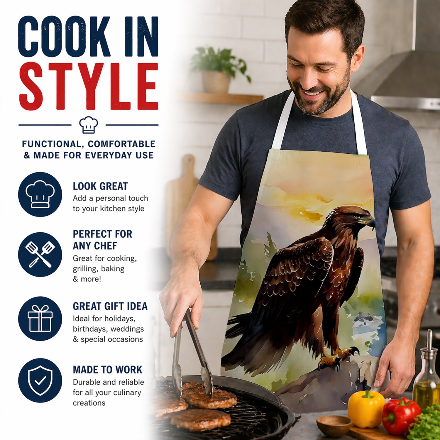 Bald Eagle Perched Mountain Landscape Apron Cooking Kitchen Server Baking Crafts Gardening for Adult Women Men, Unisex, Large, Multicolor
