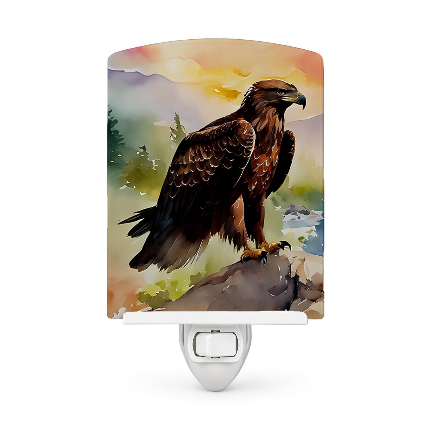 Bald Eagle Perched Mountain Landscape Ceramic Night Light Compact, UL-Certified, Ideal for Bedroom, Bathroom, Nursery, Hallway, Kitchen, 6x4x3, Multicolor