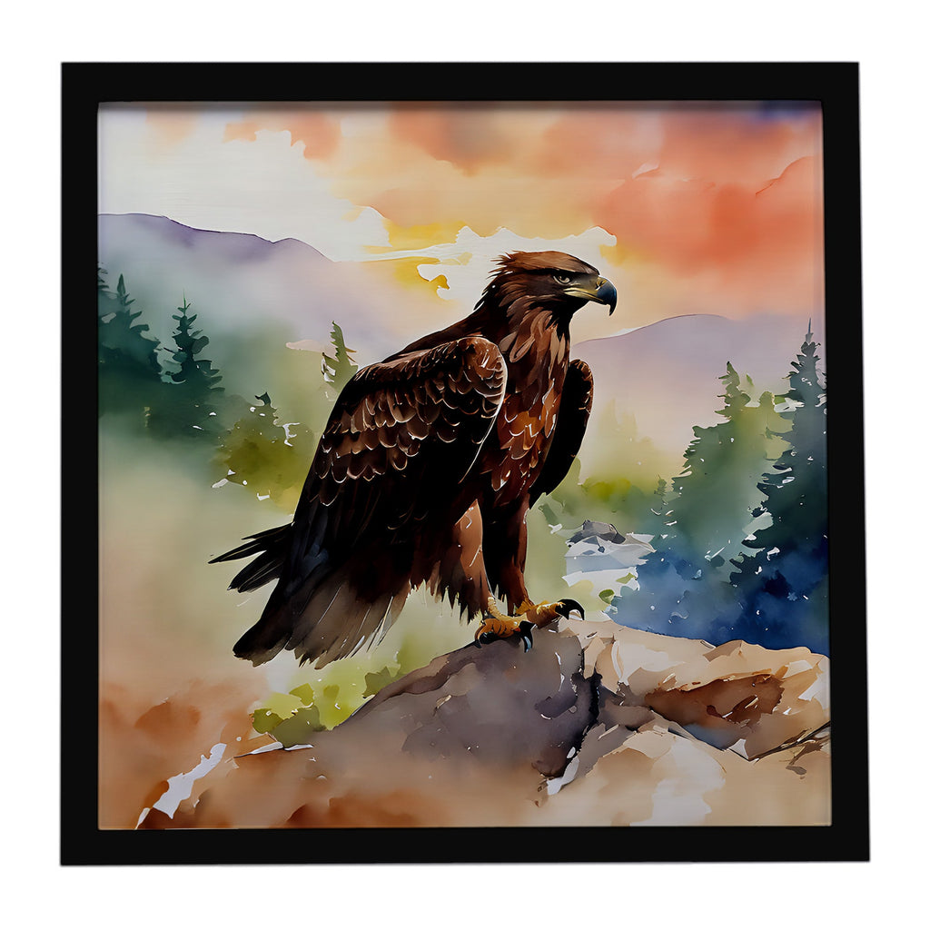 Bald Eagle Perched Mountain Landscape Framed Metal Print Bathroom, Kitchen, Office, Home Decor Wall Art Ready to Hang, Square, 8X8