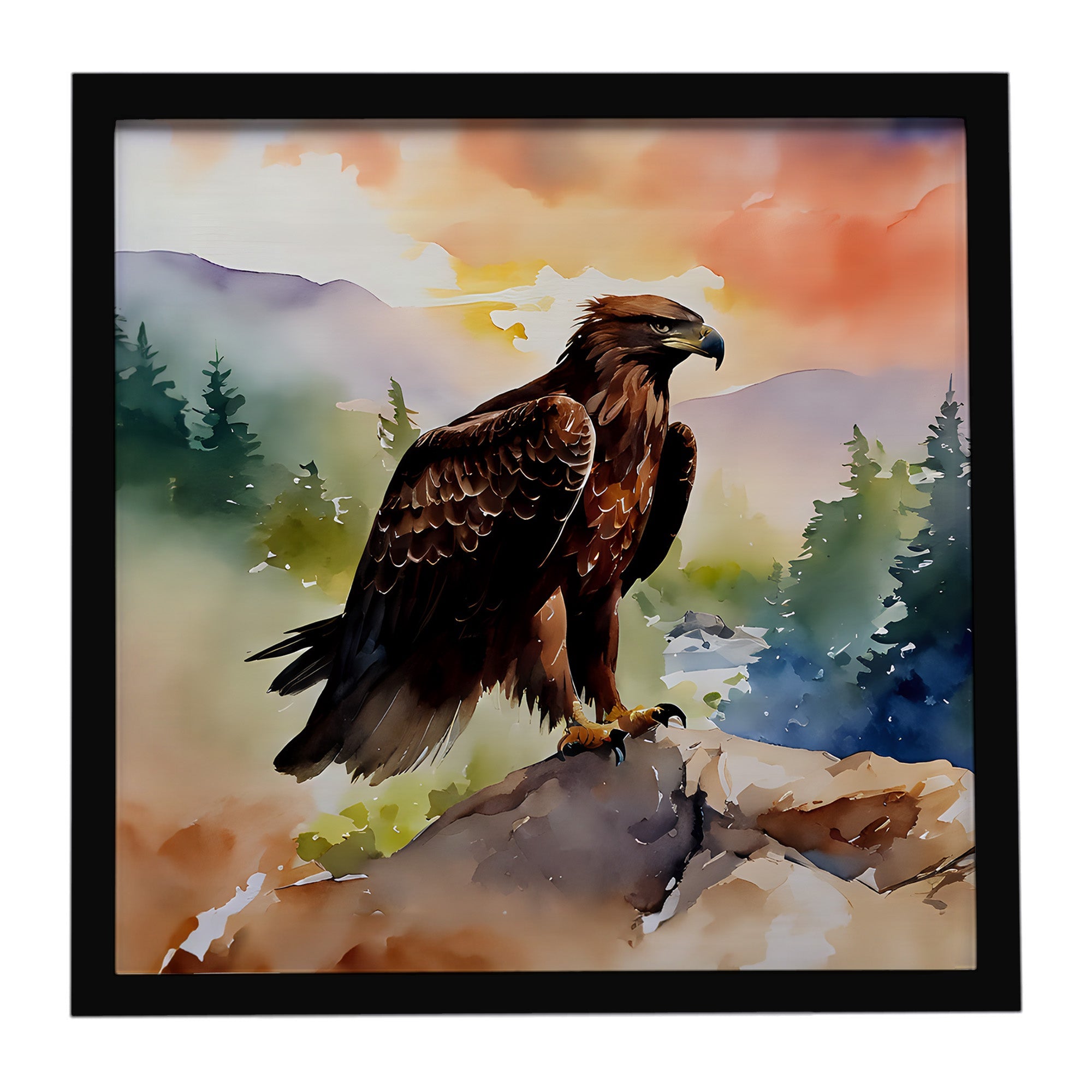 Bald Eagle Perched Mountain Landscape Framed Metal Print Bathroom, Kitchen, Office, Home Decor Wall Art Ready to Hang, Square, 8X8