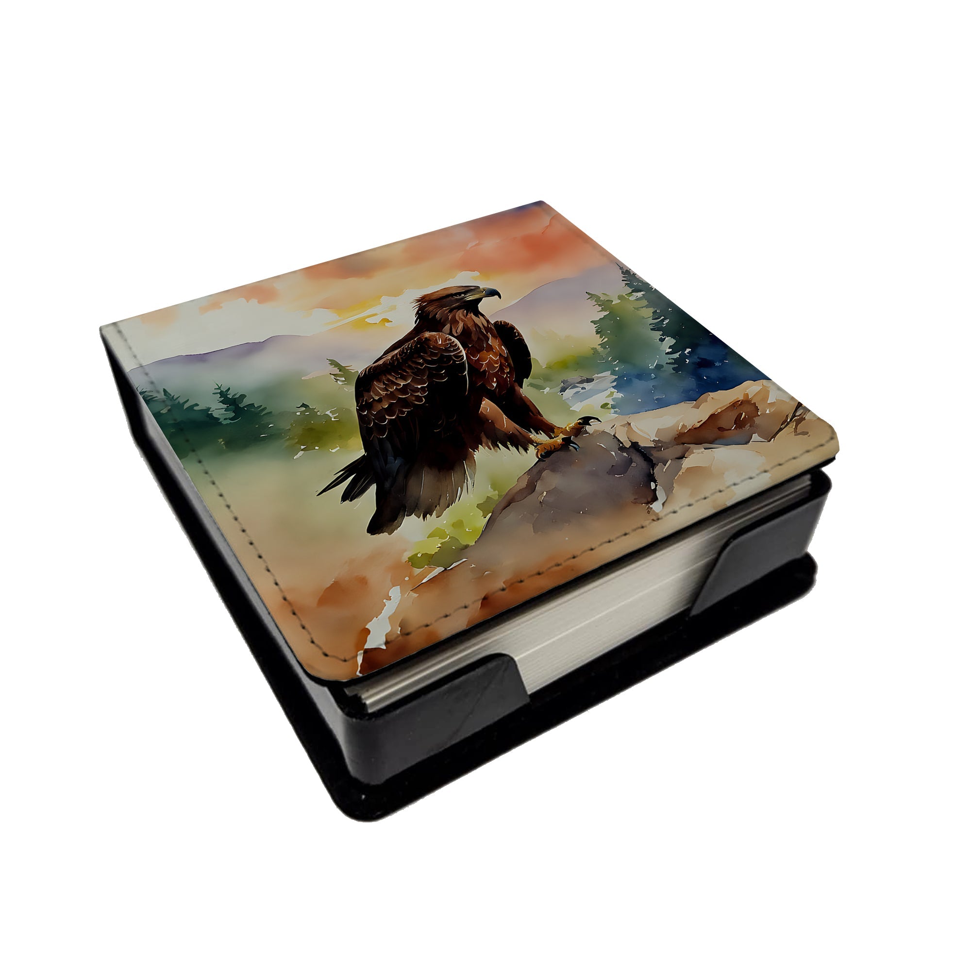 Bald Eagle Perched Mountain Landscape PU Leather Note Paper Holder with Artist-Designed Cover, Desk Accessory, Office Gift