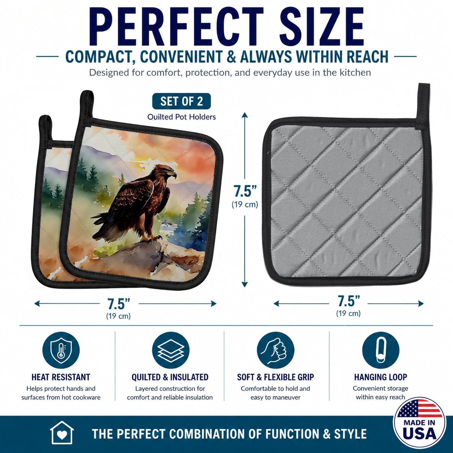 Bald Eagle Perched Mountain Landscape Pot Holder Set of 2 Heat Resistant Quilted Hot Pads 7.5 x 7.5 Inch, Insulated Kitchen Trivets for Cooking & Baking