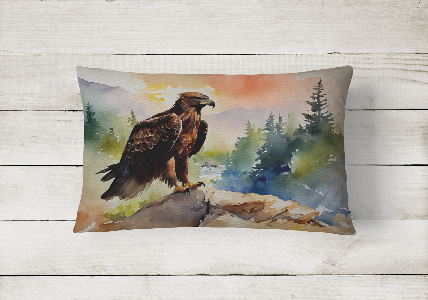 Bald Eagle Perched Mountain Landscape Decorative Throw Pillow 12x16 Indoor Outdoor Accent Cushion, Fabric Cover with Insert for Sofa, Bed, Porch & Living Room