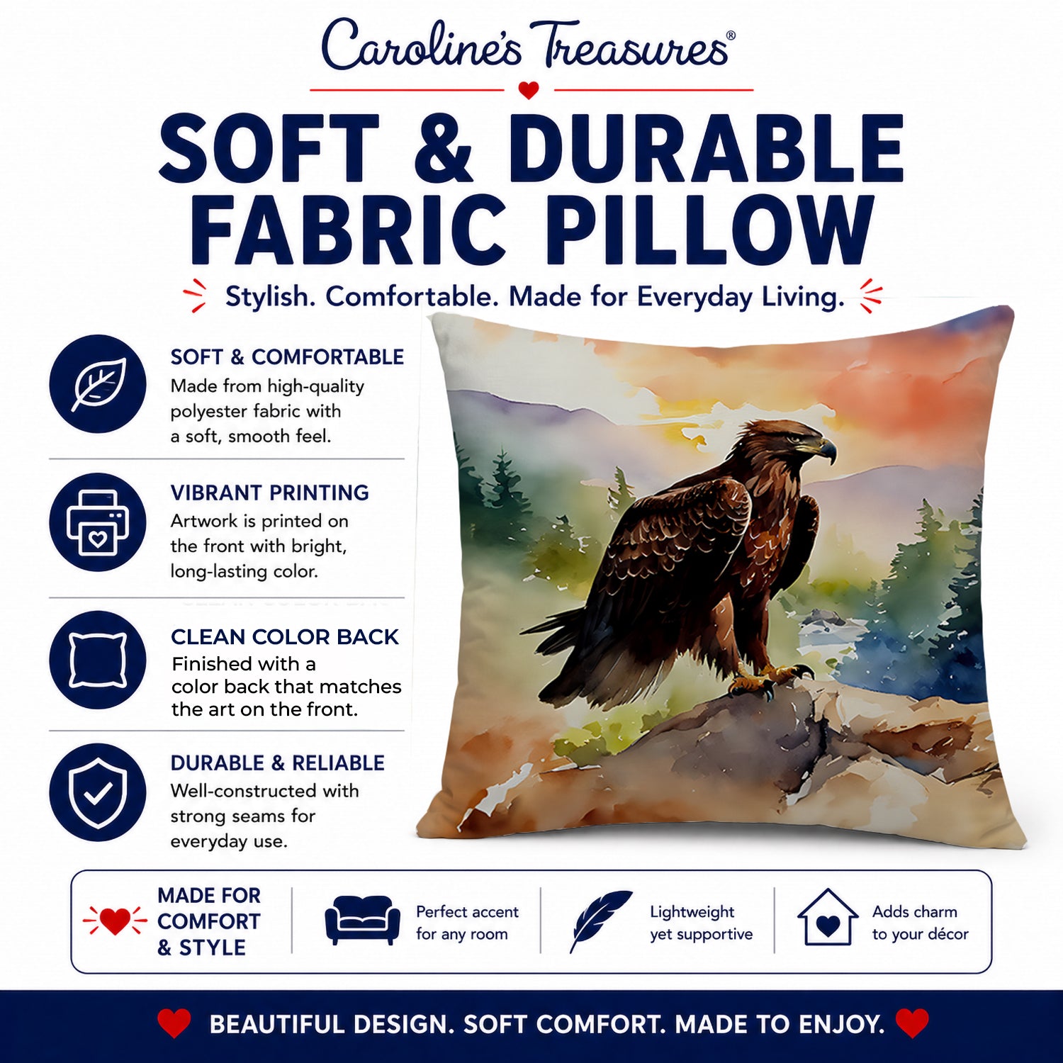 Bald Eagle Perched Mountain Landscape Decorative Throw Pillow 14x14 Indoor Outdoor Accent Cushion, Fabric Cover with Insert for Sofa, Bed, Porch & Living Room