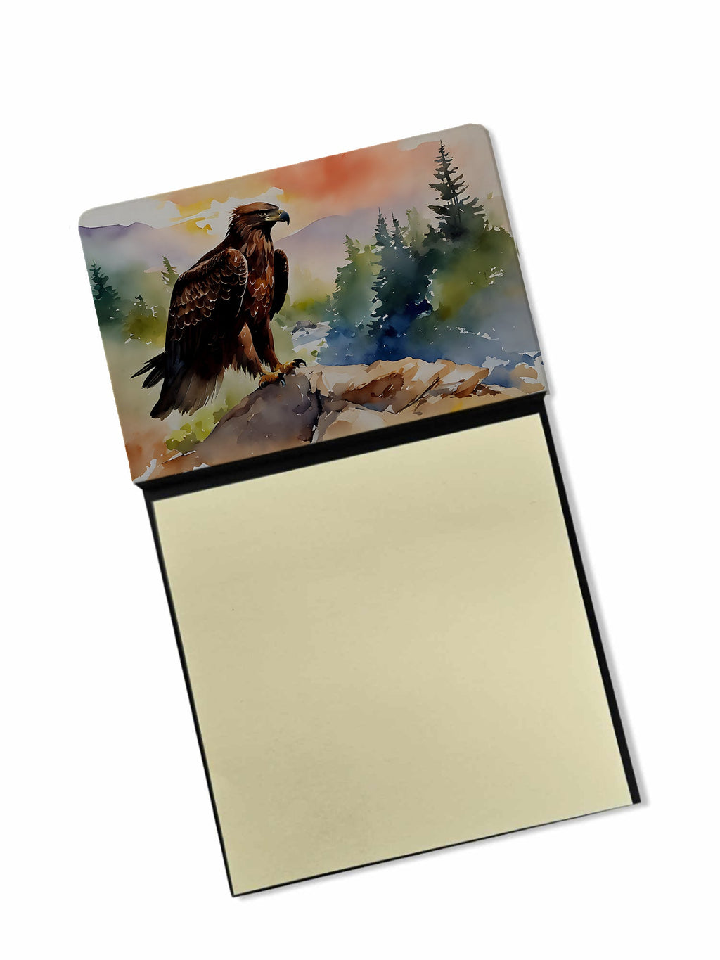 Bald Eagle Perched Mountain Landscape Watercolor Sticky Note Holder Refillable Dispenser Desk Accessory 3x3 Pad Gift