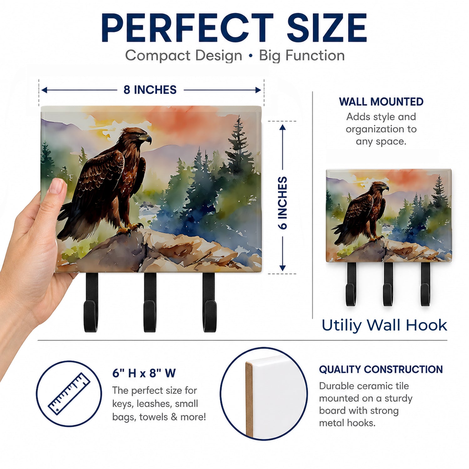 Bald Eagle Perched Mountain Landscape Leash or Key Holder Wall Hooks, Coat Rack Wall Mount, for Hanging Keys, Towels, Aprons, Leashes