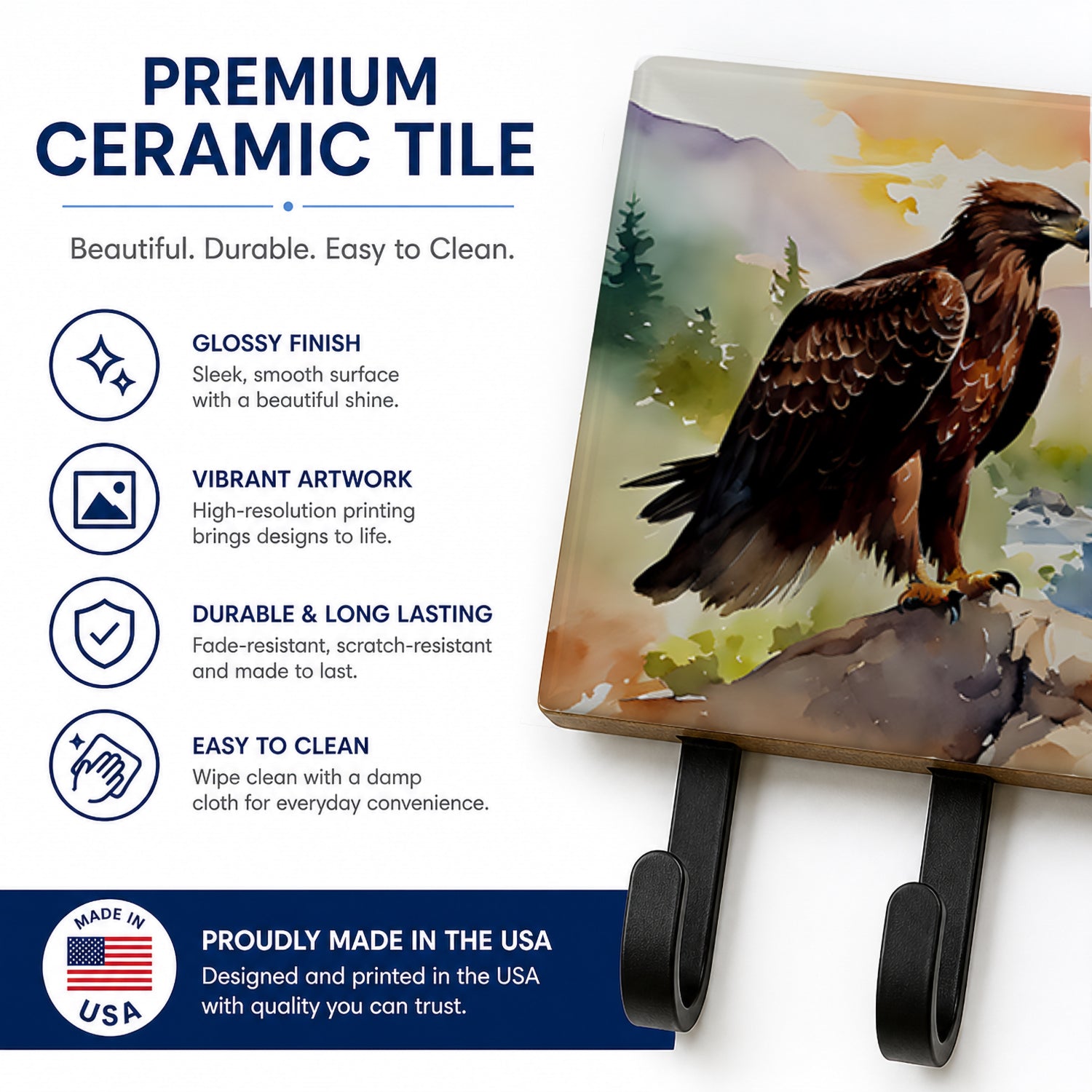 Bald Eagle Perched Mountain Landscape Leash or Key Holder Wall Hooks, Coat Rack Wall Mount, for Hanging Keys, Towels, Aprons, Leashes