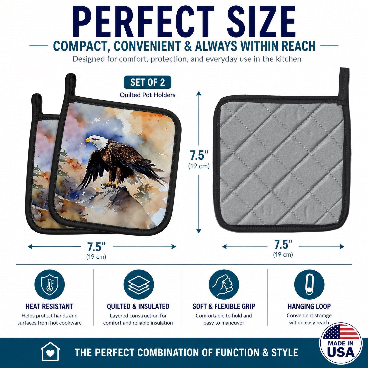 Bald Eagle Perched Rock Wildlife Pot Holder Set of 2 Heat Resistant Quilted Hot Pads 7.5 x 7.5 Inch, Insulated Kitchen Trivets for Cooking & Baking