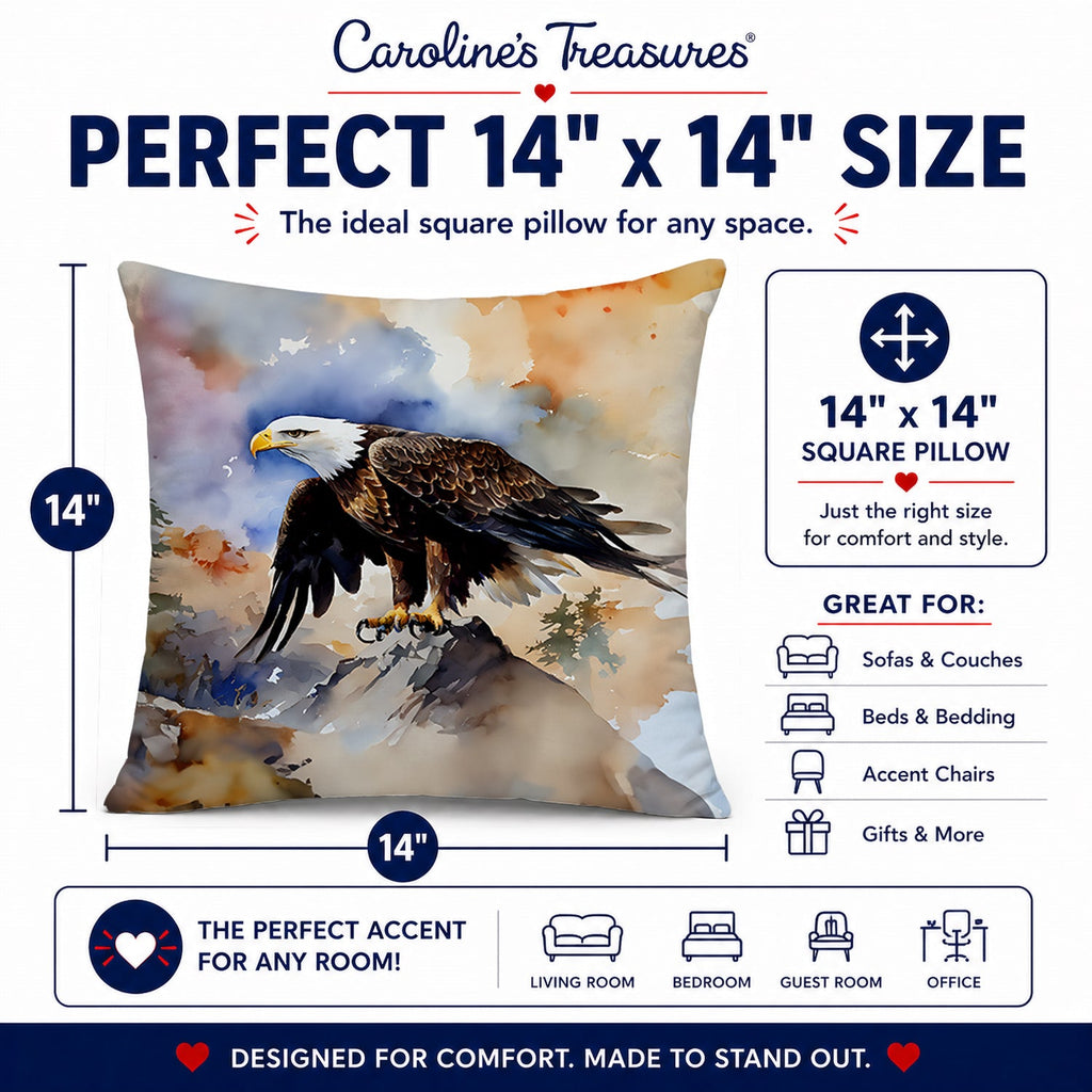 Bald Eagle Perched Rock Wildlife Decorative Throw Pillow 14x14 Indoor Outdoor Accent Cushion, Fabric Cover with Insert for Sofa, Bed, Porch & Living Room