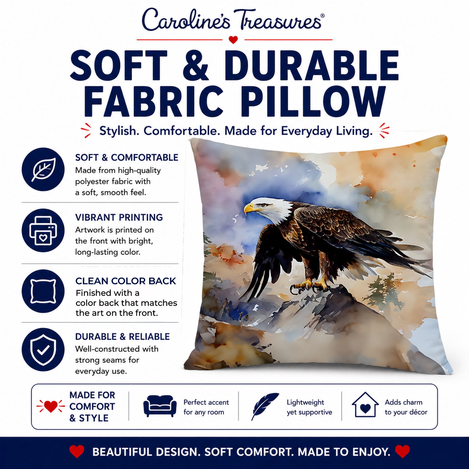 Bald Eagle Perched Rock Wildlife Decorative Throw Pillow 18x18 Indoor Outdoor Accent Cushion, Fabric Cover with Insert for Sofa, Bed, Porch & Living Room