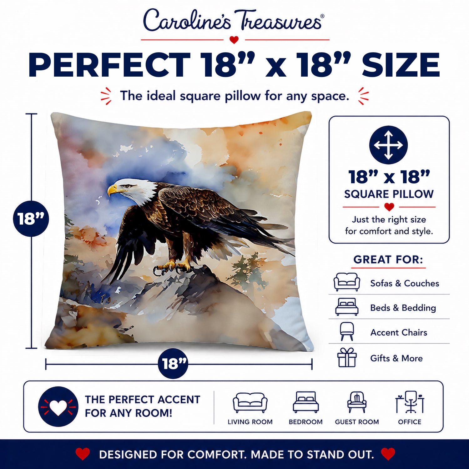 Bald Eagle Perched Rock Wildlife Decorative Throw Pillow 18x18 Indoor Outdoor Accent Cushion, Fabric Cover with Insert for Sofa, Bed, Porch & Living Room