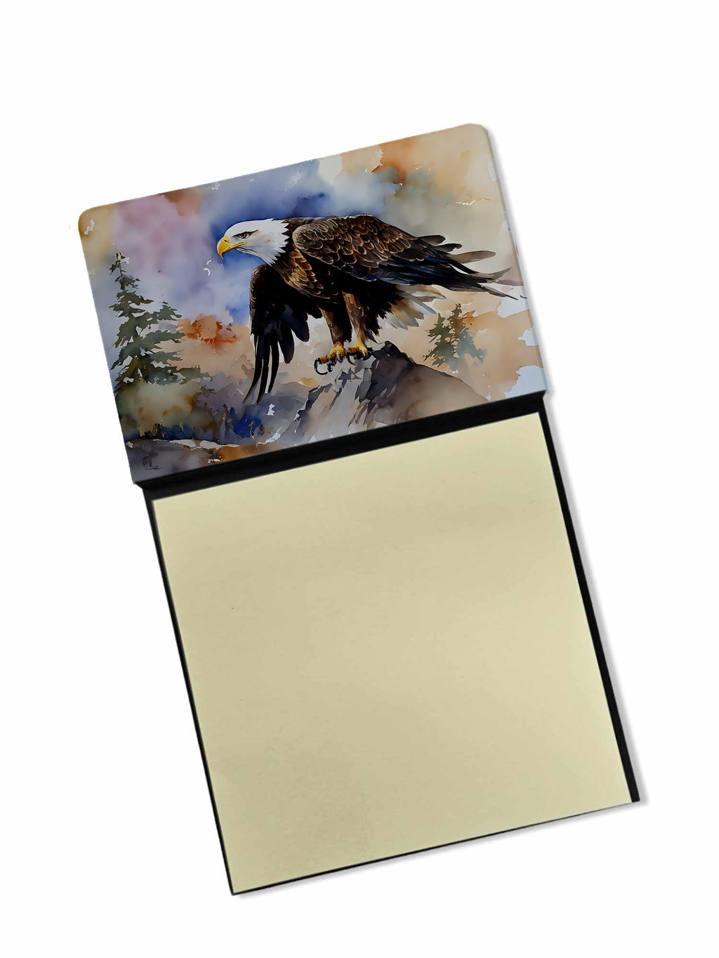 Bald Eagle Perched Rock Wildlife Watercolor Sticky Note Holder Refillable Dispenser Desk Accessory 3x3 Pad Gift