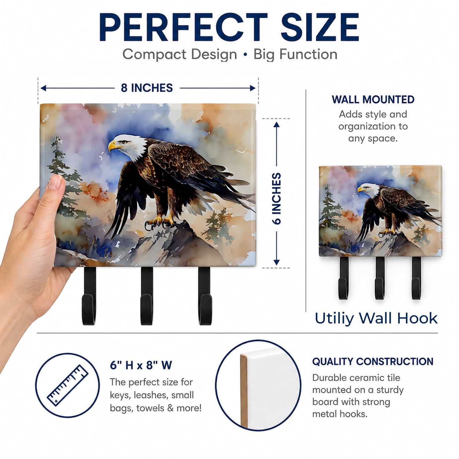 Bald Eagle Perched Rock Wildlife Leash or Key Holder Wall Hooks, Coat Rack Wall Mount, for Hanging Keys, Towels, Aprons, Leashes