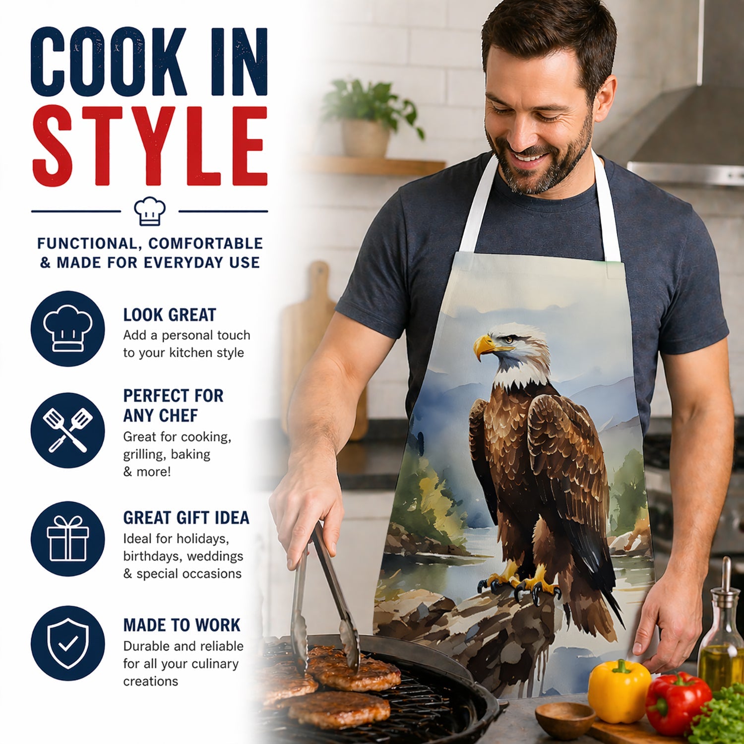 Bald Eagle Mountain Scene Apron Cooking Kitchen Server Baking Crafts Gardening for Adult Women Men, Unisex, Large, Multicolor