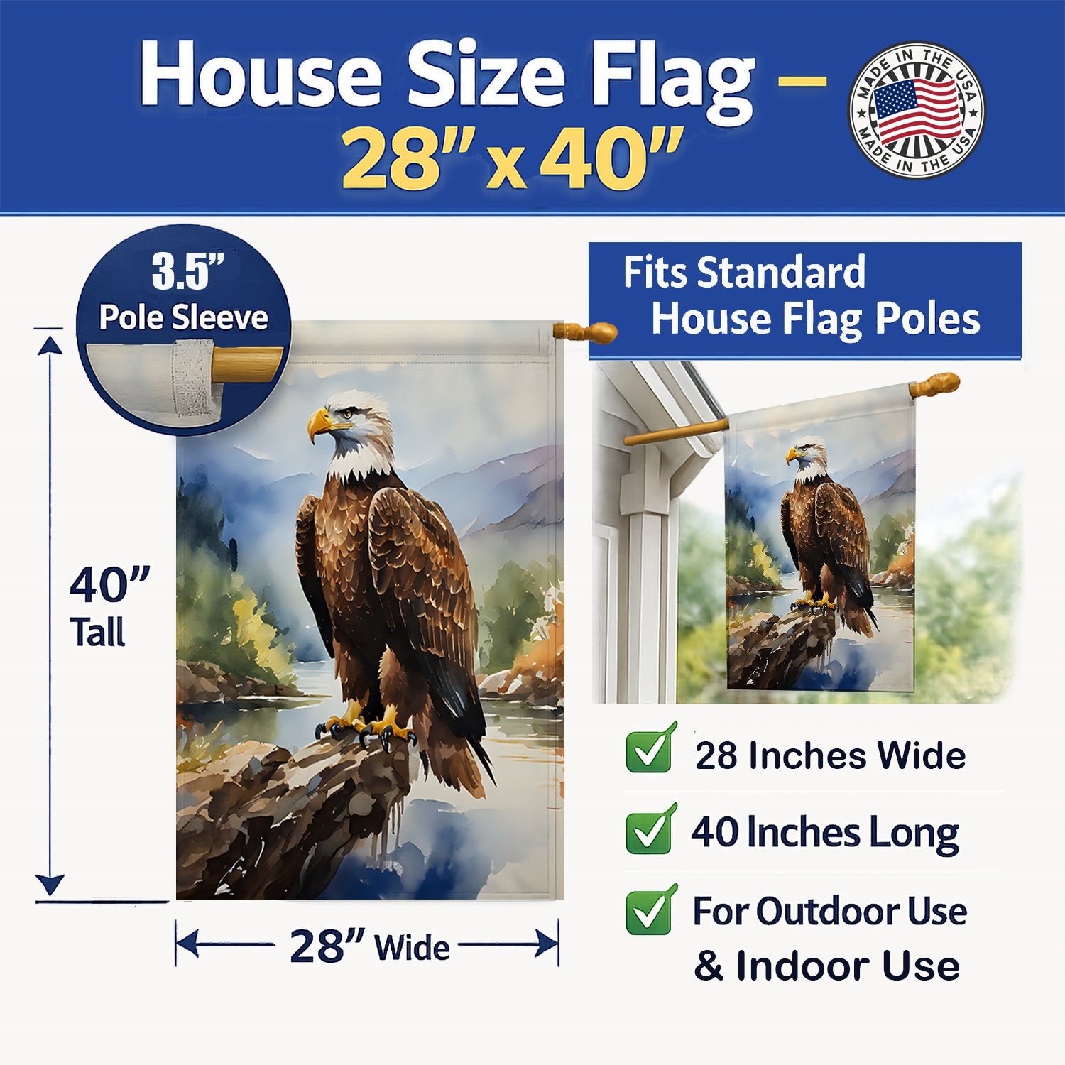 Bald Eagle Mountain Scene House Flag 28x40 Porch Sleeve Pole Decorative Outside Yard Banner Artwork Wall Hanging, Polyester