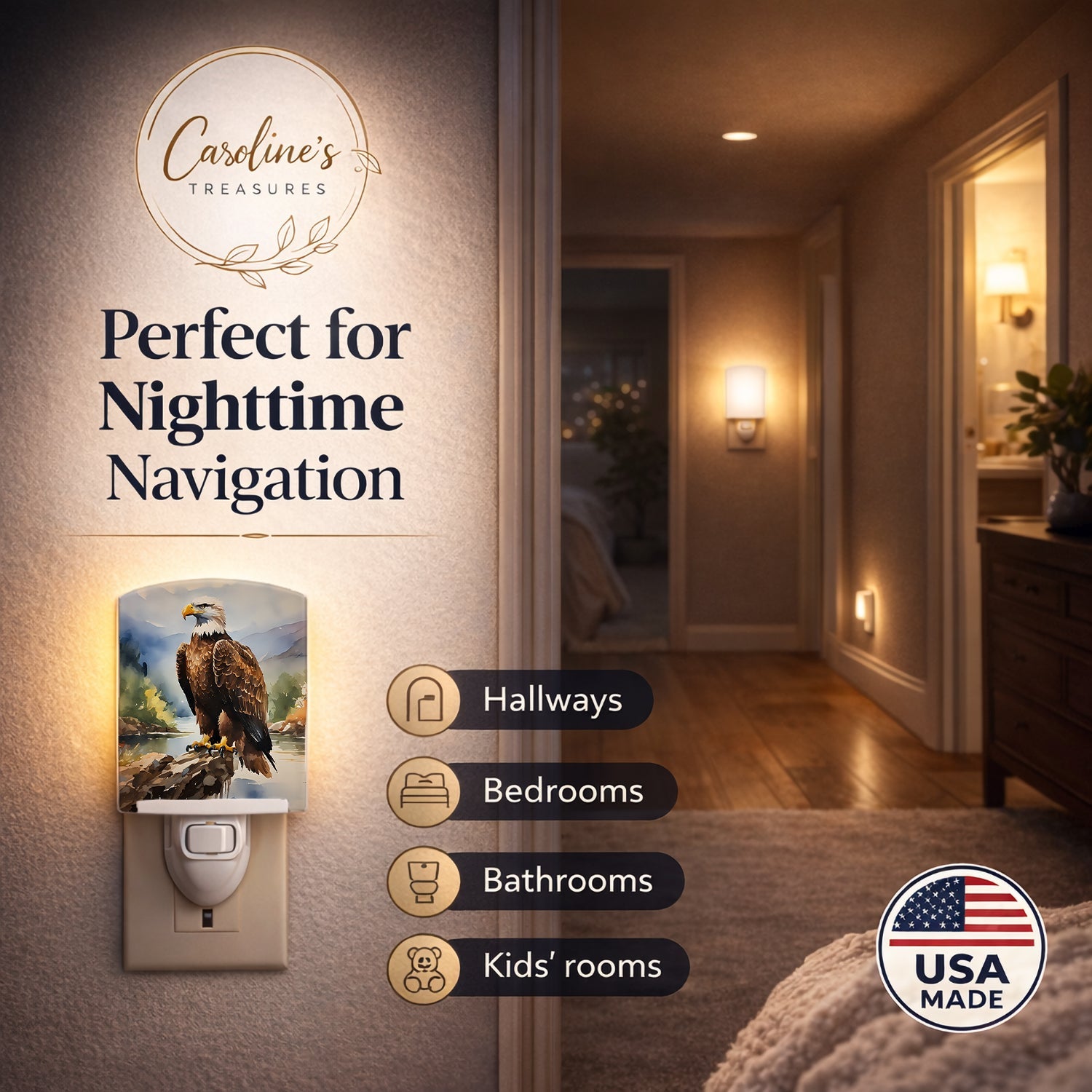 Bald Eagle Mountain Scene Ceramic Night Light Compact, UL-Certified, Ideal for Bedroom, Bathroom, Nursery, Hallway, Kitchen, 6x4x3, Multicolor