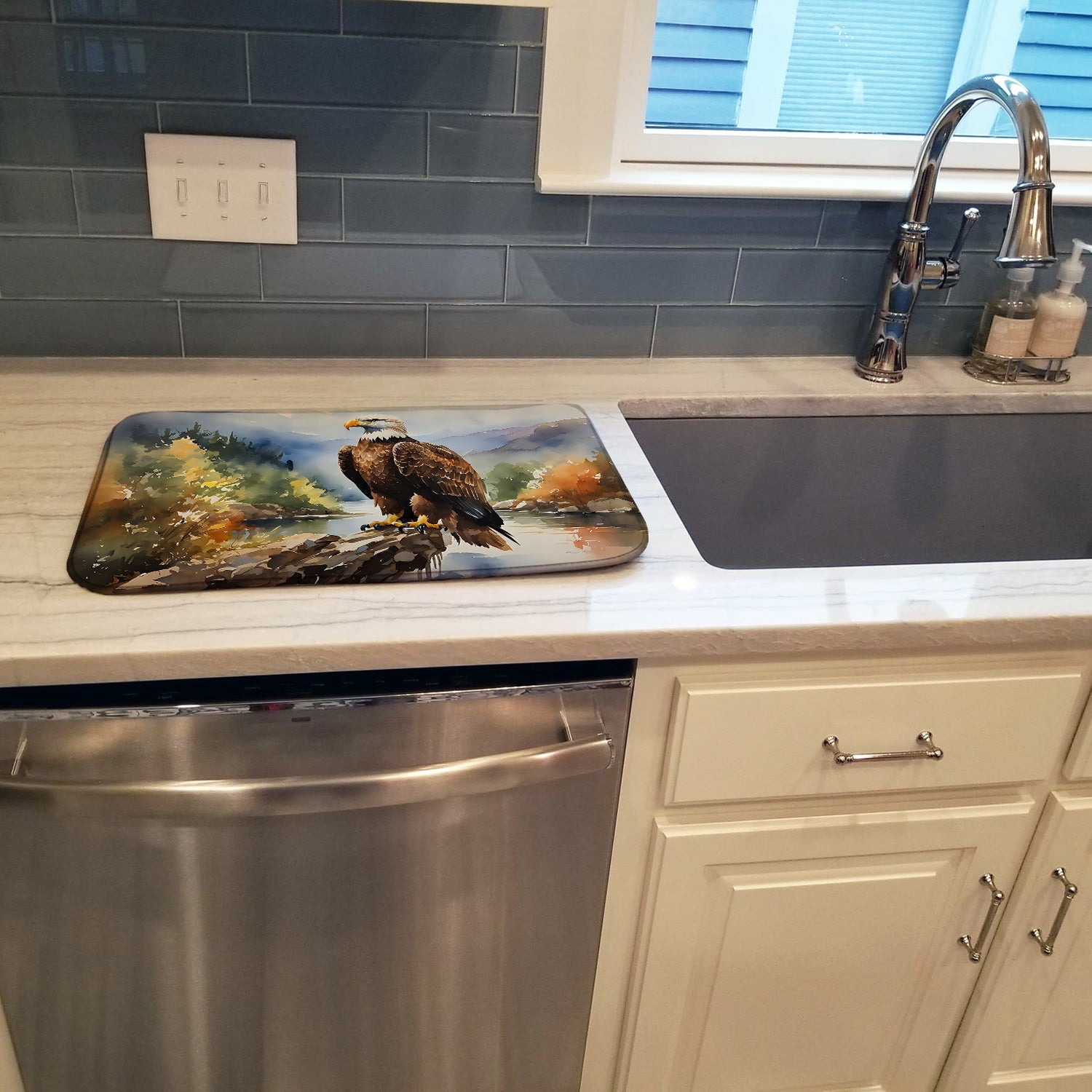 Bald Eagle Mountain Scene Dish Drying Mat Absorbent Dish Drying Mat Pad for Kitchen Counter Dish Drainer Mat for Countertop, 14 x 21", Multicolor