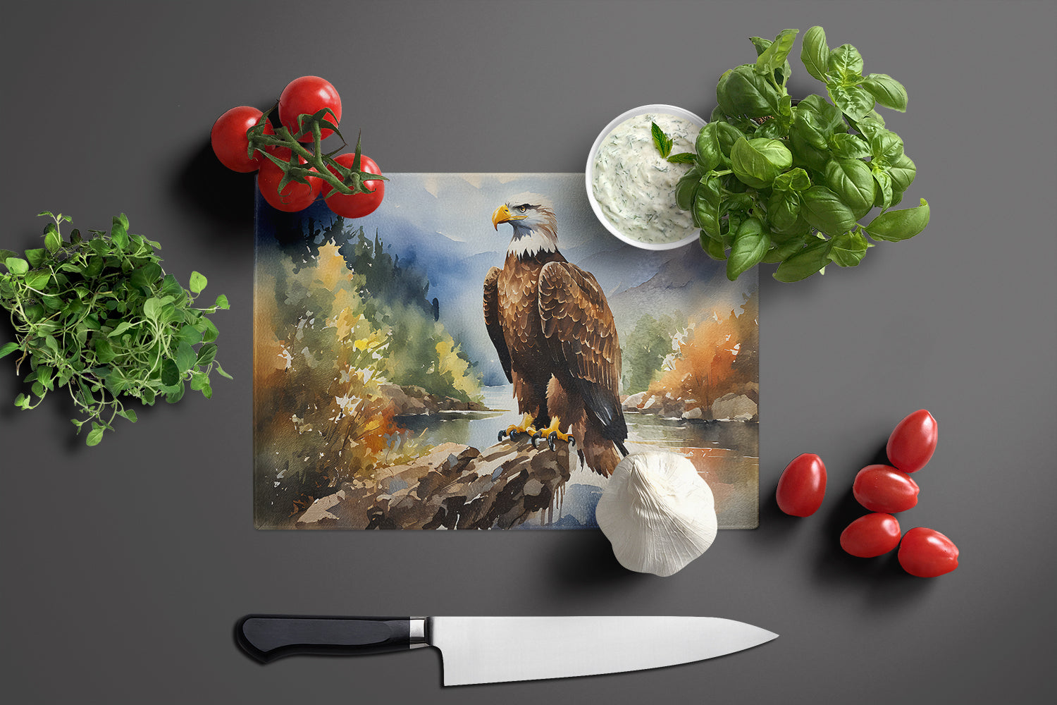 Bald Eagle Mountain Scene Cutting Board Tempered Glass Kitchen Cutting Surface, Heat Resistant Chopping, Non-Slip Feet, Food Prep & Serving